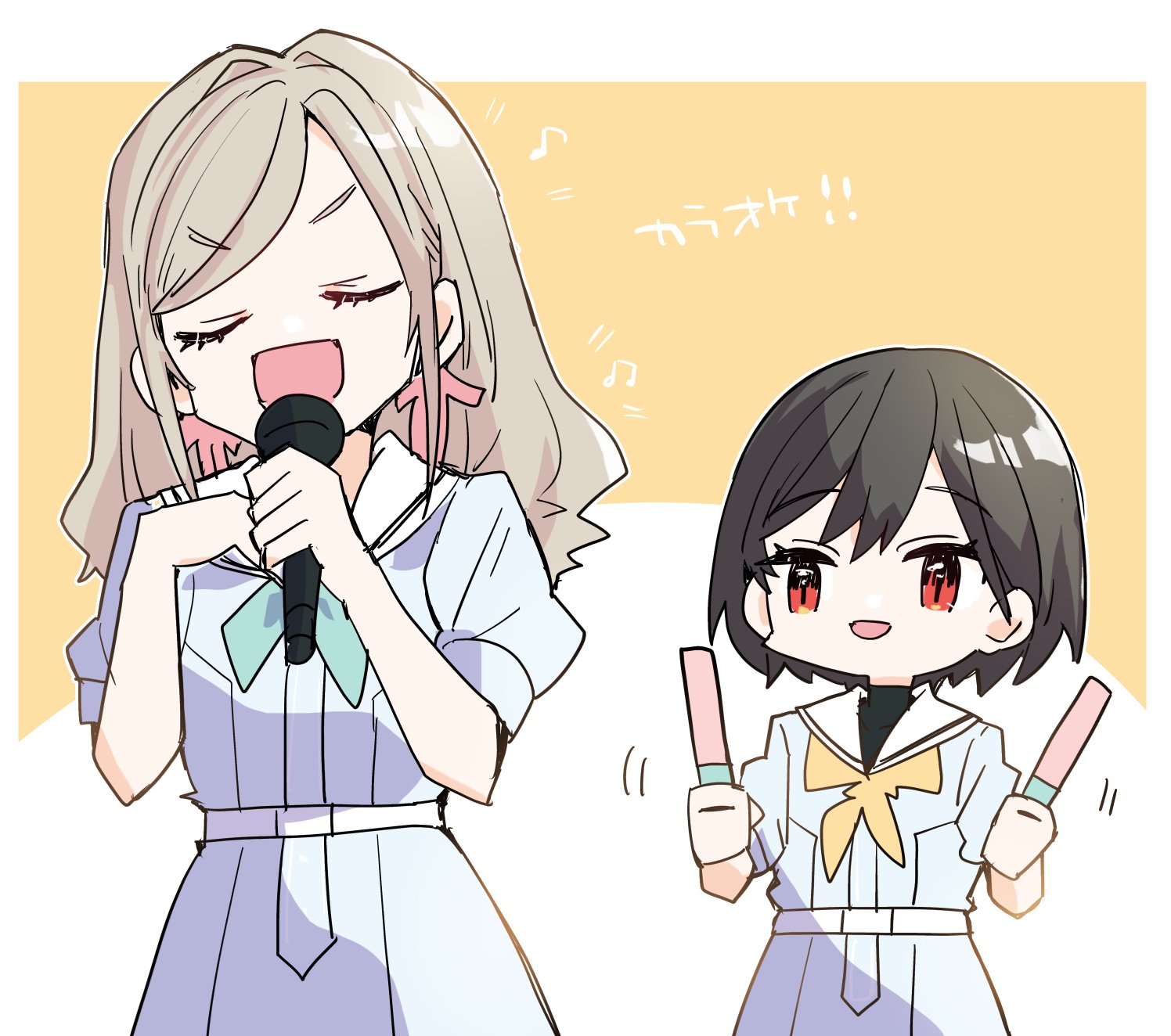 kanduki kamibukuro, katsuragi izumi, link! like! love live!, love live!, commentary request, highres, 2girls, :d, aqua neckerchief, black hair, blue dress, closed eyes, dress, glowstick, grey hair, hair ribbon, hasu no sora school uniform, holding, holding glowstick, holding microphone, karaoke hasu no sora, long hair, microphone, multiple girls, neckerchief, open mouth, orange eyes, penlight (glowstick), pink ribbon, puffy short sleeves, puffy sleeves, ribbon, sailor collar, sailor dress, school uniform, short sleeves, simple background, smile, standing, summer uniform, v-shaped eyebrows, virtual youtuber, white sailor collar, wolf cut, yellow background, yellow neckerchief