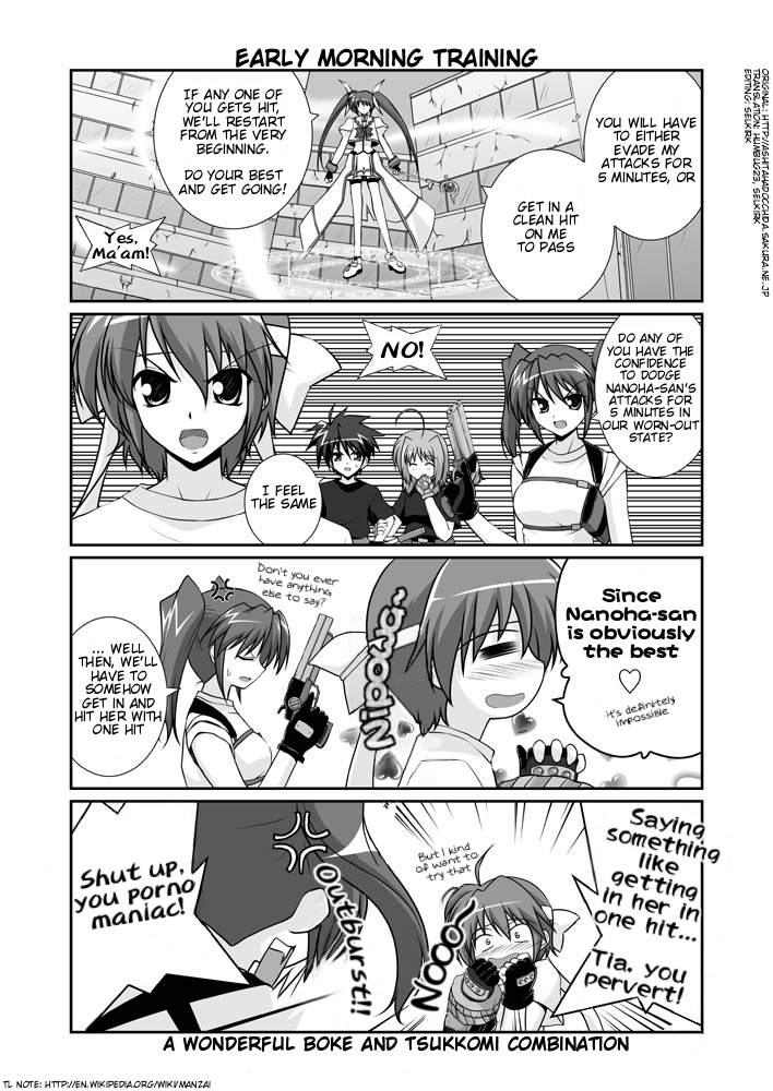 mikage takashi, caro ru lushe, erio mondial, raising heart, revolver knuckle, subaru nakajima, takamachi nanoha, teana lanster, lyrical nanoha, mahou shoujo lyrical nanoha, mahou shoujo lyrical nanoha strikers, hard-translated, third-party edit, translated, 00s, 1boy, 4girls, = =, ahoge, anger vein, blush, bow, comic, english text, fingerless gloves, gauntlets, gloves, greyscale, gun, headband, heart, magazine (weapon), magical girl, military, military uniform, monochrome, multiple girls, single fingerless glove, single gauntlet, thighhighs, twintails, waist cape, weapon