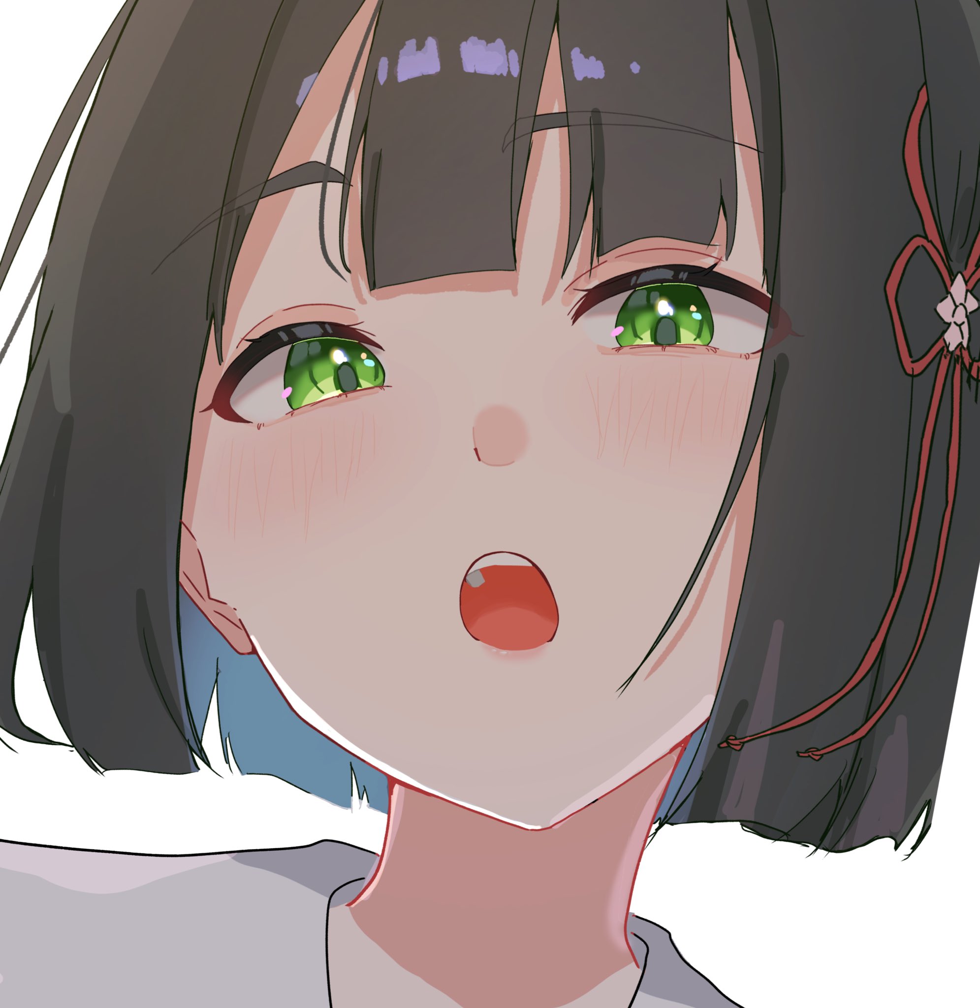 potu sabu, momose ginko, link! like! love live!, love live!, highres, 1girl, :o, black hair, blunt bangs, blunt ends, blush, bob cut, flower, flower knot, green eyes, hair flower, hair ornament, looking at viewer, open mouth, pink flower, portrait, sailor collar, short hair, simple background, solo, teeth, upper teeth only, virtual youtuber, white background, white sailor collar