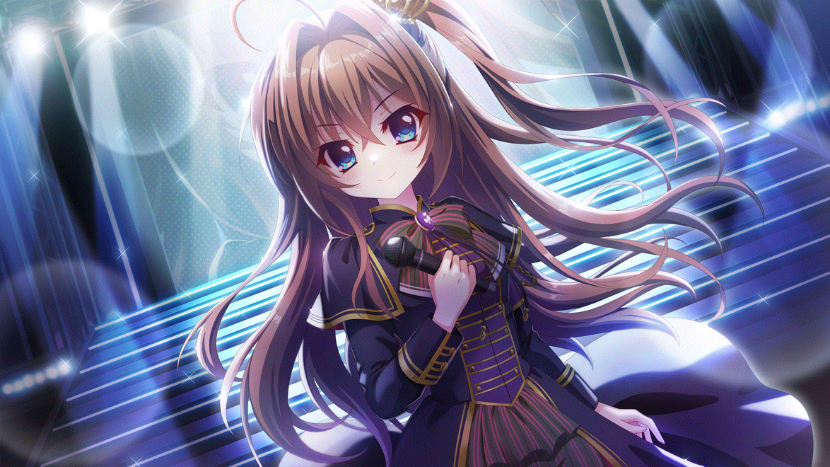 izumi tsubasu, shikimiya aone, re:stage!, game cg, non-web source, official art, >:), 1girl, ahoge, black bow, black bowtie, black capelet, black dress, blue eyes, bow, bowtie, brown hair, buttons, capelet, closed mouth, concert, crown, double-breasted, dress, dutch angle, film grain, gem, hair between eyes, hair intakes, holding, holding microphone, idol, idol clothes, lens flare, long hair, long sleeves, looking at viewer, microphone, mini crown, purple brooch, purple gemstone, screen, side ponytail, smile, solo, sparkle, stage lights, stairs, tilted headwear, v-shaped eyebrows