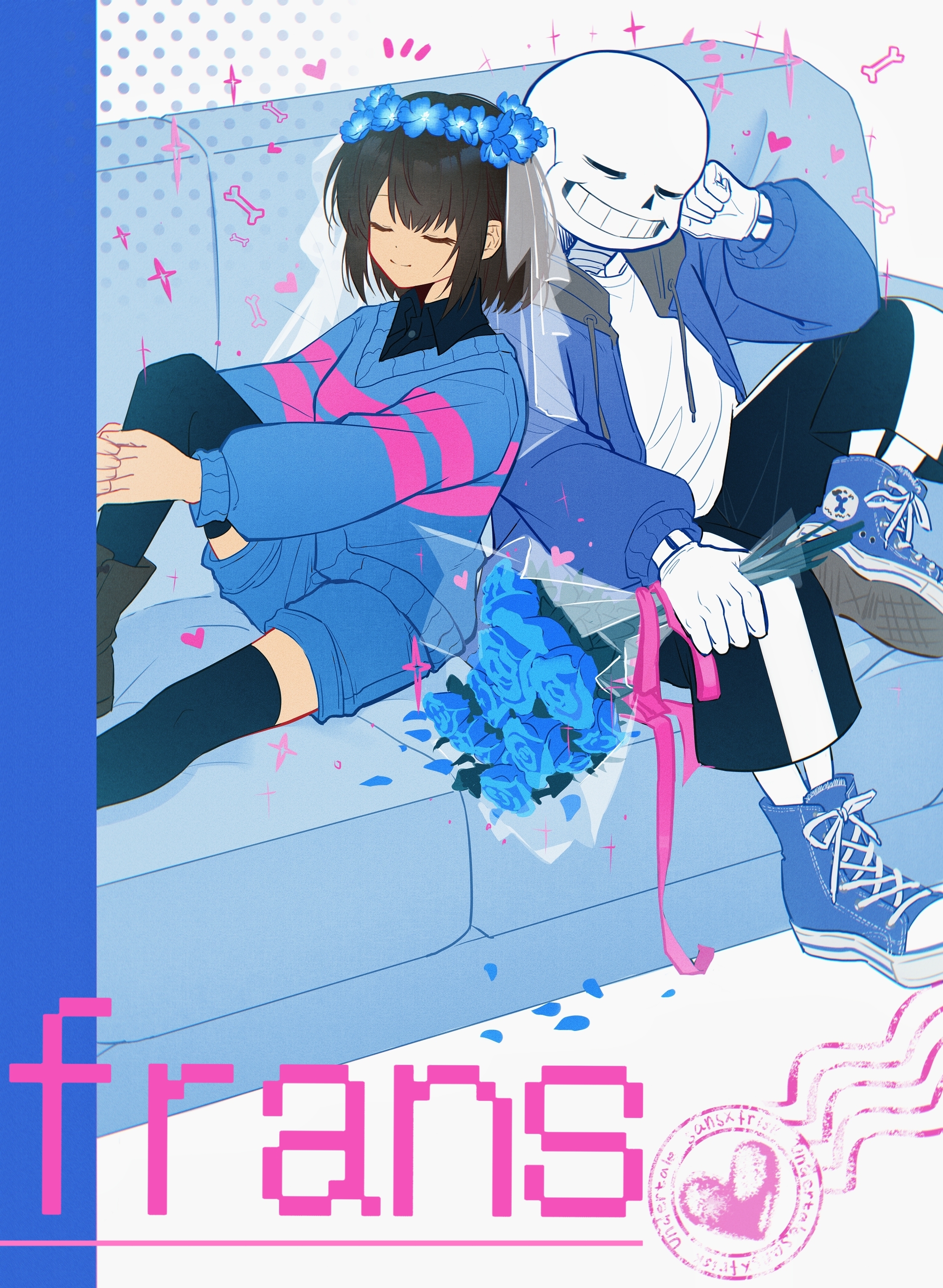 hanbaobaobaozhu, frisk (undertale), sans (undertale), undertale, utdr (toby fox), absurdres, chinese commentary, commentary request, highres, 1boy, 1girl, :d, ankle boots, back-to-back, black pants, black shirt, black thighhighs, blue flower, blue jacket, blue petals, blue rose, blue shoes, blue shorts, blue sweater, bone, boots, bouquet, breasts, brown boots, brown hair, closed eyes, closed mouth, collared shirt, couch, denim, denim shorts, dot nose, drawstring, film grain, flower, flower wreath, foot out of frame, full body, genderswap, genderswap (otf), grey hood, grin, halftone, halftone background, hands on own leg, head wreath, heart, hetero, holding, holding bouquet, hood, hood down, hooded jacket, jacket, knee up, long sleeves, on couch, open clothes, open jacket, open mouth, pants, pink sweater, puffy long sleeves, puffy sleeves, rose, see-through clothes, see-through veil, ship name, shirt, shoelaces, shoes, short hair, shorts, simple background, single vertical stripe, sitting, small breasts, smile, sparkle, striped clothes, striped sweater, sweater, thighhighs, two-tone sweater, u u, v-neck, veil, white background, white shirt, white veil