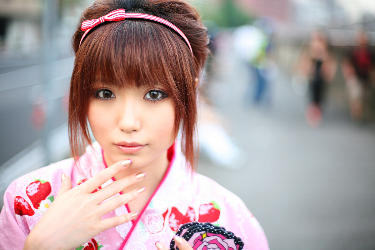 shio, photo (medium), hairband, hand fan, japanese clothes, kimono, strawberry pattern