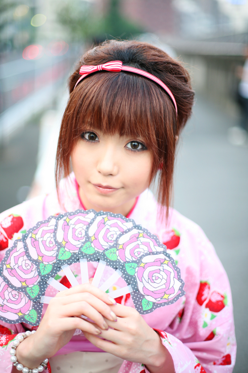 shio, highres, photo (medium), hairband, hand fan, japanese clothes, kimono, strawberry pattern