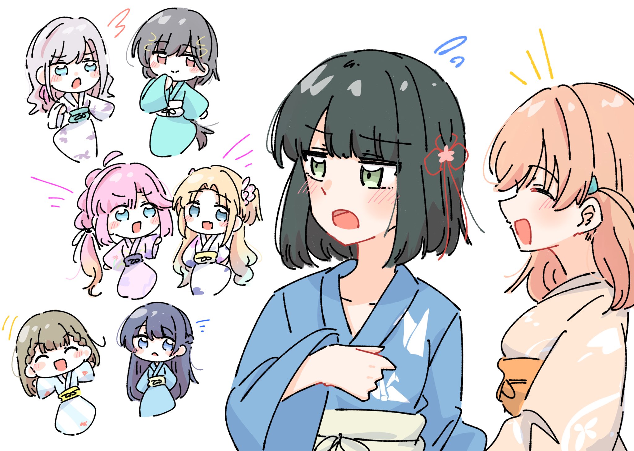 momiji (moj 0404), anyoji hime, anyoji hime (hokkoku hanabi), ceras yanagida lilienfeld, ceras yanagida lilienfeld (hokkoku hanabi), hinoshita kaho, hinoshita kaho (hokkoku hanabi), kachimachi kosuzu, kachimachi kosuzu (hokkoku hanabi), katsuragi izumi, katsuragi izumi (hokkoku hanabi), momose ginko, momose ginko (hokkoku hanabi), murano sayaka, murano sayaka (hokkoku hanabi), osawa rurino, osawa rurino (hokkoku hanabi), link! like! love live!, love live!, commentary request, highres, 6+girls, :d, ^ ^, ahoge, black hair, blonde hair, blue eyes, blue hair, blue kimono, blush, braid, brown hair, center-flap bangs, chibi, closed eyes, collarbone, detached ahoge, diagonal-striped kimono, flower, gradient hair, green eyes, grey hair, hair flower, hair ornament, hair ribbon, japanese clothes, kimono, long hair, medium hair, multicolored hair, multiple girls, official alternate costume, open mouth, orange eyes, orange hair, orange kimono, pink flower, pink hair, pink ribbon, profile, purple kimono, ribbon, short hair, side ahoge, side braids, sidelocks, smile, triangle hair ornament, twintails, two side up, v-shaped eyebrows, virtual youtuber, white kimono, wolf cut