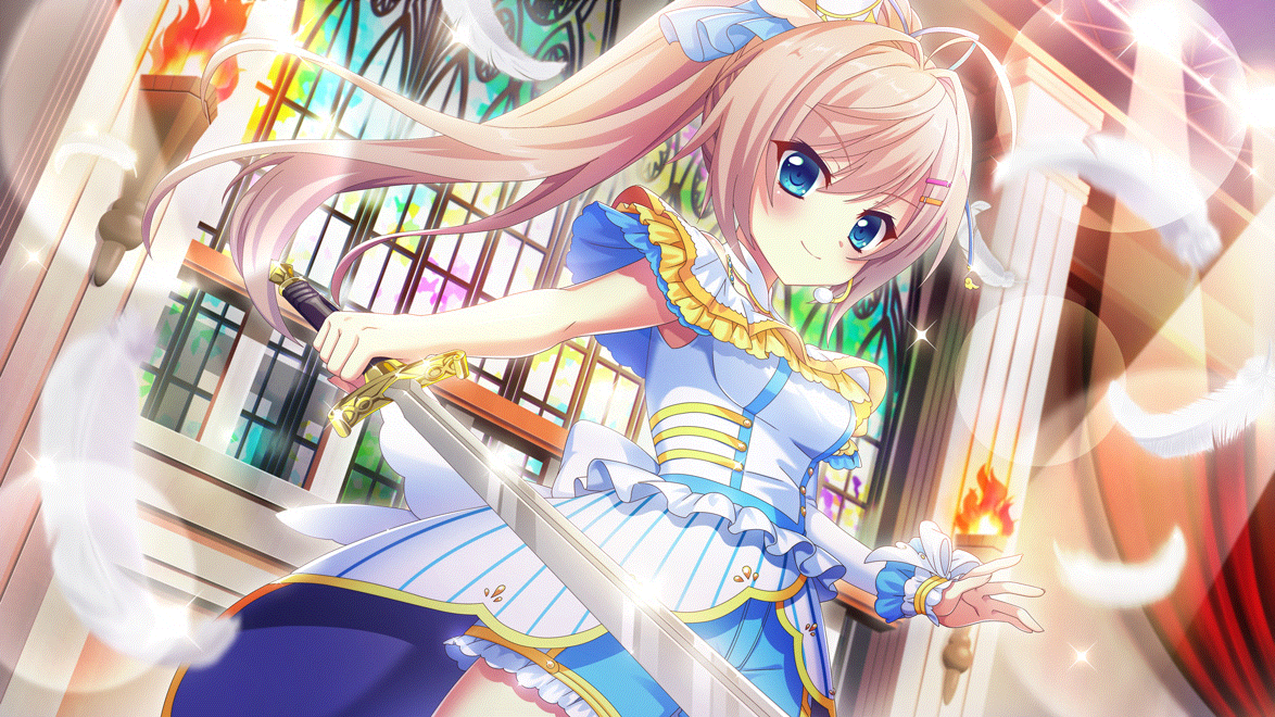 izumi tsubasu, himura nagisa, re:stage!, game cg, non-web source, official art, >:), 1girl, ahoge, blue eyes, blue shorts, blush, breasts, cowboy shot, dress, falling feathers, feathers, film grain, fire, frilled dress, frills, from below, glint, hair intakes, hair ornament, hairclip, headset, high ponytail, holding, holding sword, holding weapon, idol, idol clothes, lens flare, long hair, looking at viewer, medium breasts, pink hair, ponytail, shorts, single sleeve, smile, solo, sparkle, stage lights, stained glass, sword, torch, v-shaped eyebrows, weapon, white dress, white feathers, white sleeves, window