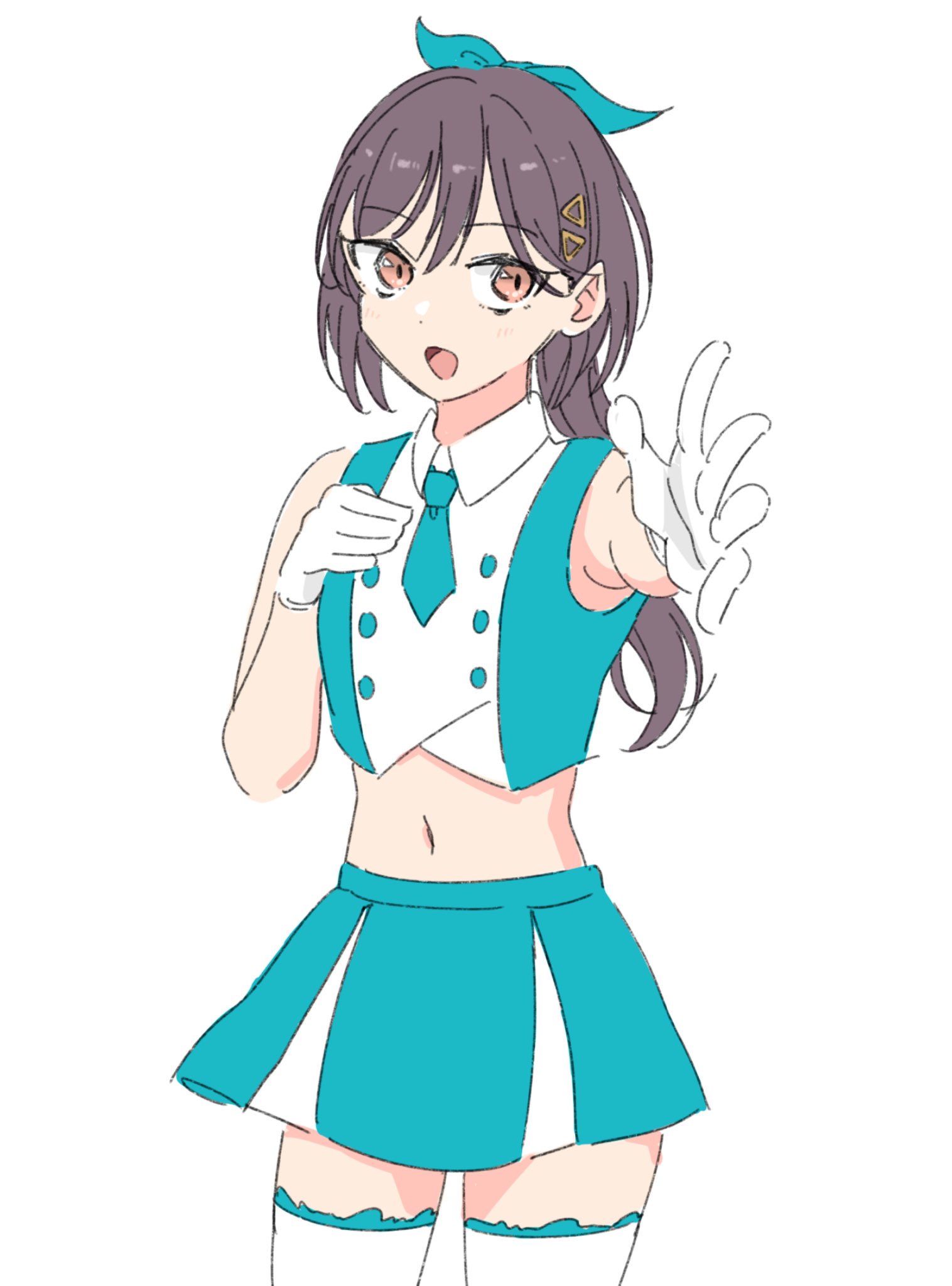 llkapital, kachimachi kosuzu, katsuragi izumi, link! like! love live!, love live!, commentary request, highres, 1girl, alternate color, aqua bow, aqua necktie, aqua shirt, aqua skirt, bow, brown hair, cosplay, cowboy shot, crop top, cropped shirt, foreshortening, gloves, grey hair, hair bow, hair ornament, hand on own chest, kachimachi kosuzu (cosplay), long hair, looking at viewer, midriff, navel, necktie, open hand, pleated skirt, proof (love live!), reaching, reaching towards viewer, shirt, short necktie, simple background, skirt, sleeveless, sleeveless shirt, solo, standing, thighhighs, triangle hair ornament, virtual youtuber, white background, white gloves, white thighhighs, wolf cut, zettai ryouiki