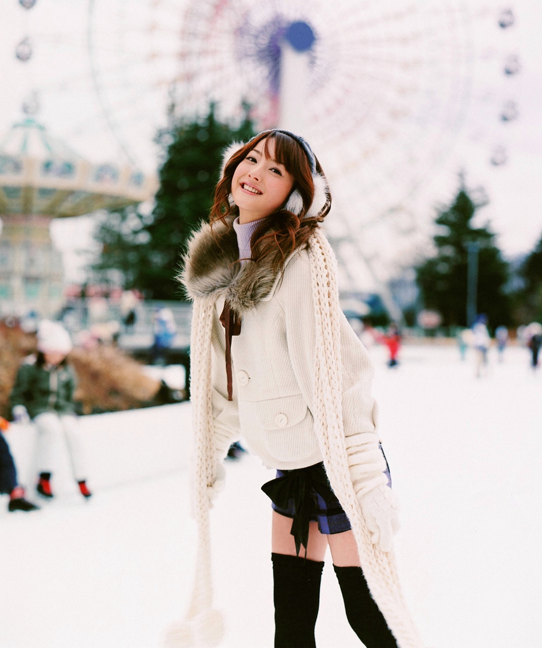 nozomi sasaki, highres, photo (medium), earmuffs, gloves, scarf, skirt, snow, sweater, thighhighs