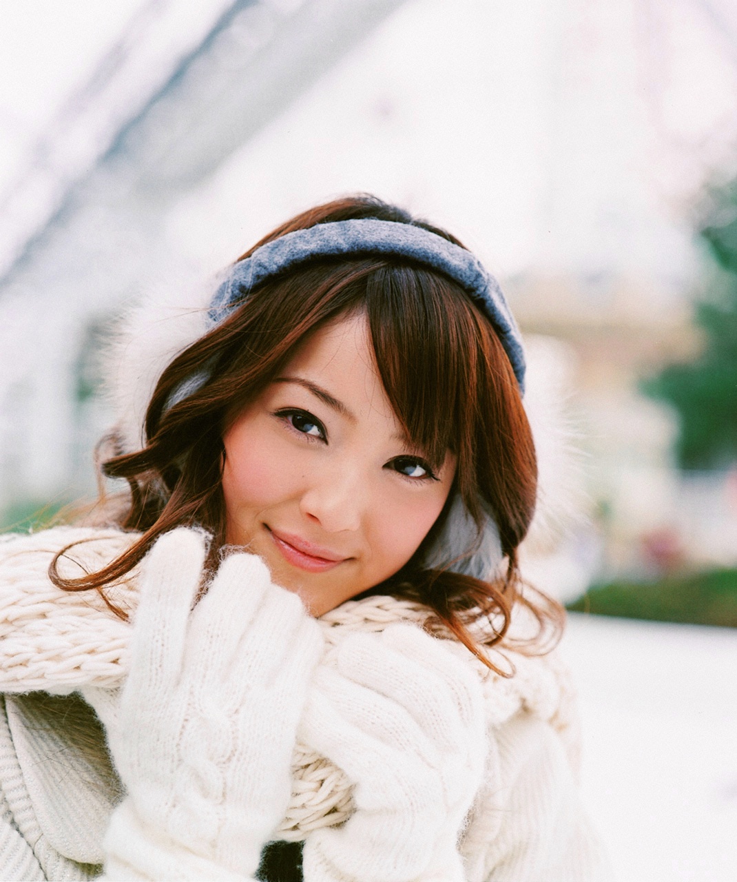 nozomi sasaki, highres, photo (medium), earmuffs, gloves, scarf, snow, sweater