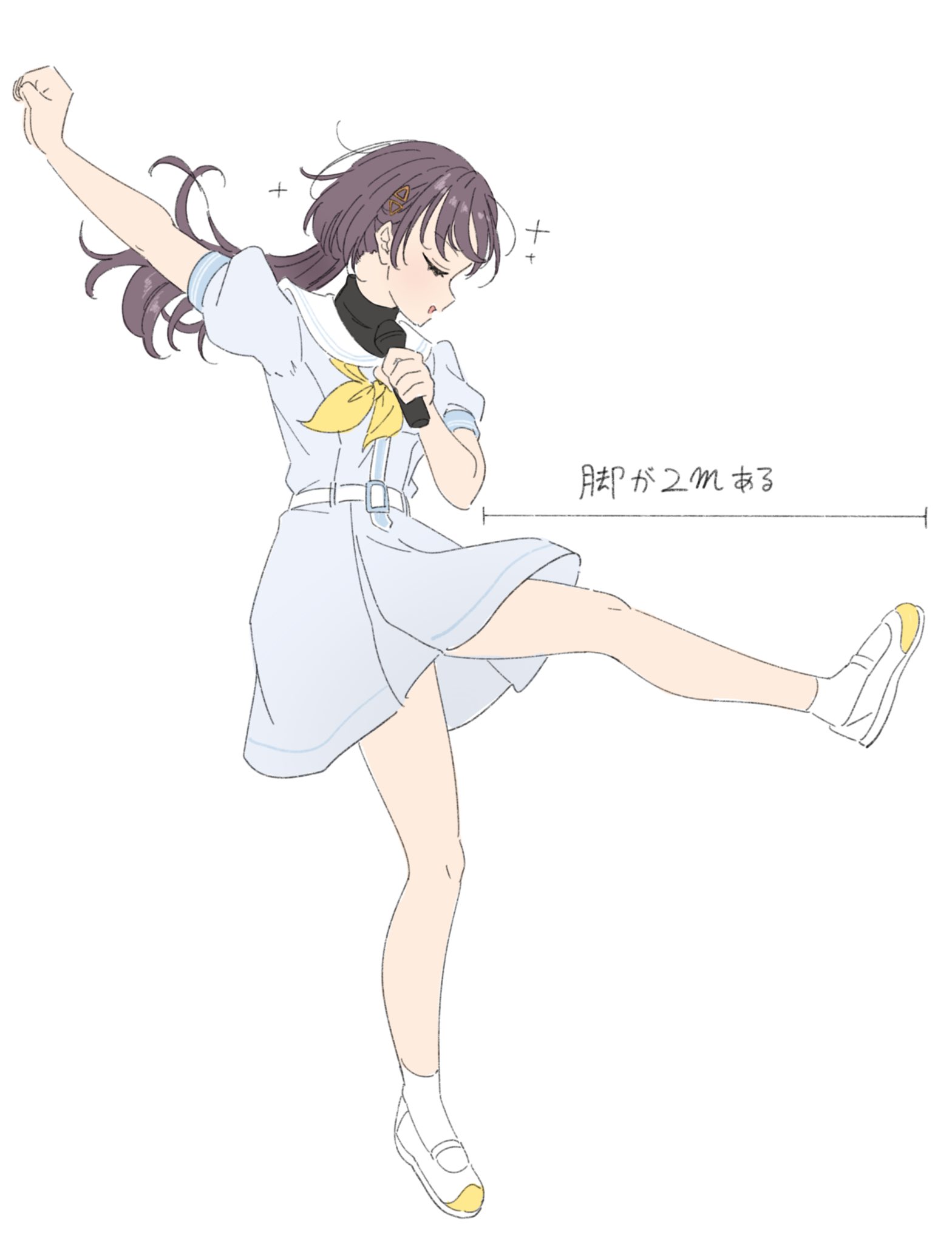 llkapital, katsuragi izumi, link! like! love live!, love live!, commentary, hashtag-only commentary, highres, translation request, 1girl, arm up, black hair, blue dress, dress, hair ornament, hasu no sora school uniform, karaoke hasu no sora, kicking, leg up, long hair, neckerchief, pleated dress, puffy short sleeves, puffy sleeves, sailor collar, sailor dress, school uniform, shoes, short dress, short sleeves, socks, solo, sparkle, summer uniform, triangle hair ornament, turtleneck, undershirt, uwabaki, virtual youtuber, white sailor collar, white socks, wolf cut, yellow neckerchief, yellow shoes
