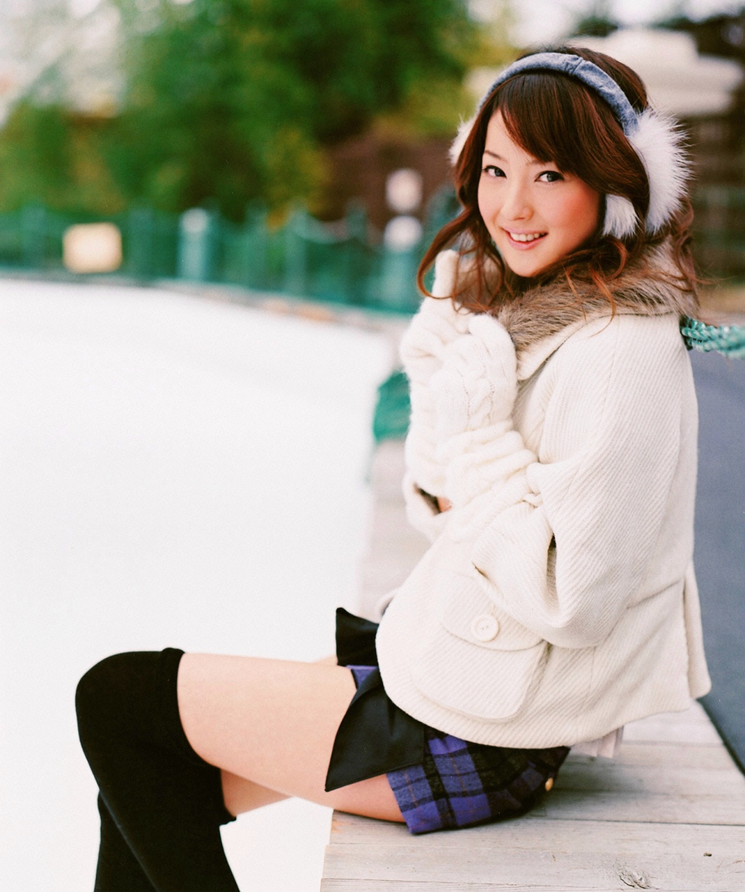 nozomi sasaki, highres, photo (medium), earmuffs, gloves, scarf, skirt, snow, sweater, thighhighs