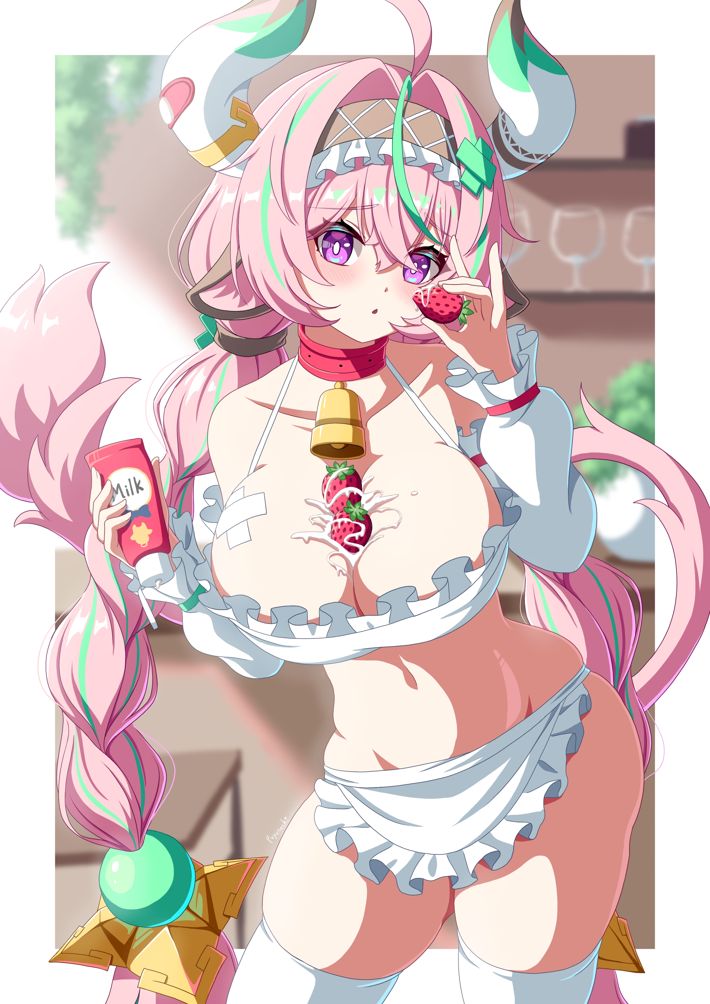 fuyunash1, varesa (genshin impact), genshin impact, absurdres, highres, 1girl, ahoge, animal ears, apron, aqua hair, bandaid, bare shoulders, bell, between breasts, blush, braid, breasts, bright pupils, cleavage, collarbone, cow ears, cow girl, cow horns, cow tail, cowbell, cowboy shot, cream, crossed bandaids, detached sleeves, food, frills, fruit, hair ornament, headband, holding, holding food, horns, indoors, large breasts, long hair, looking at viewer, multicolored hair, neck bell, pink hair, purple eyes, skindentation, solo, stomach, strawberry, streaked hair, tail, thighhighs, twin braids, waist apron, white thighhighs, x hair ornament