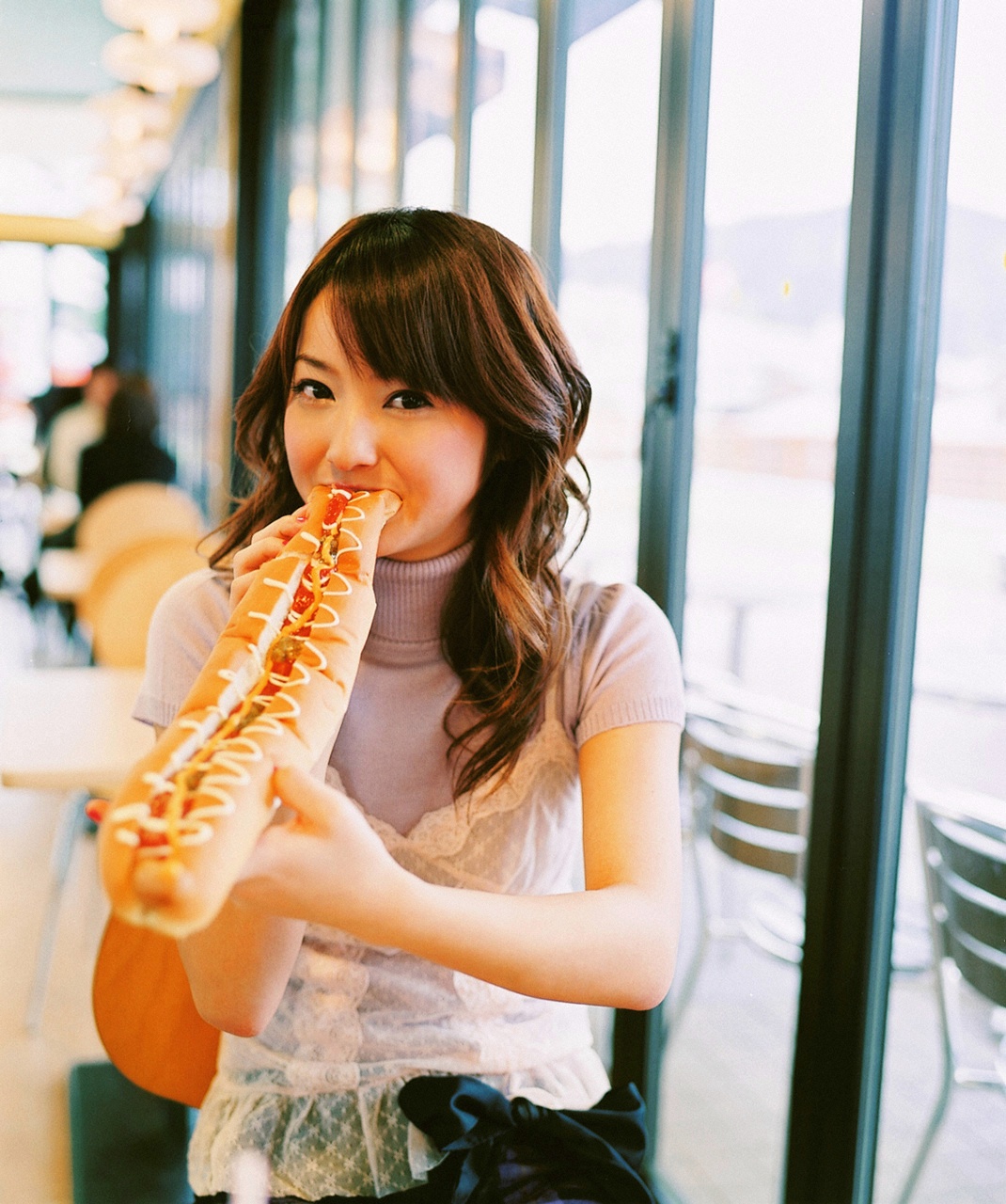 nozomi sasaki, highres, photo (medium), tagme, giant hotdog, sweater
