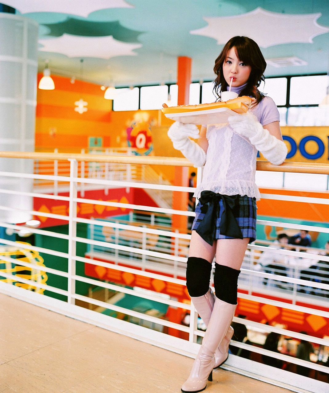 nozomi sasaki, highres, photo (medium), boots, giant hotdog, gloves, sweater, thighhighs
