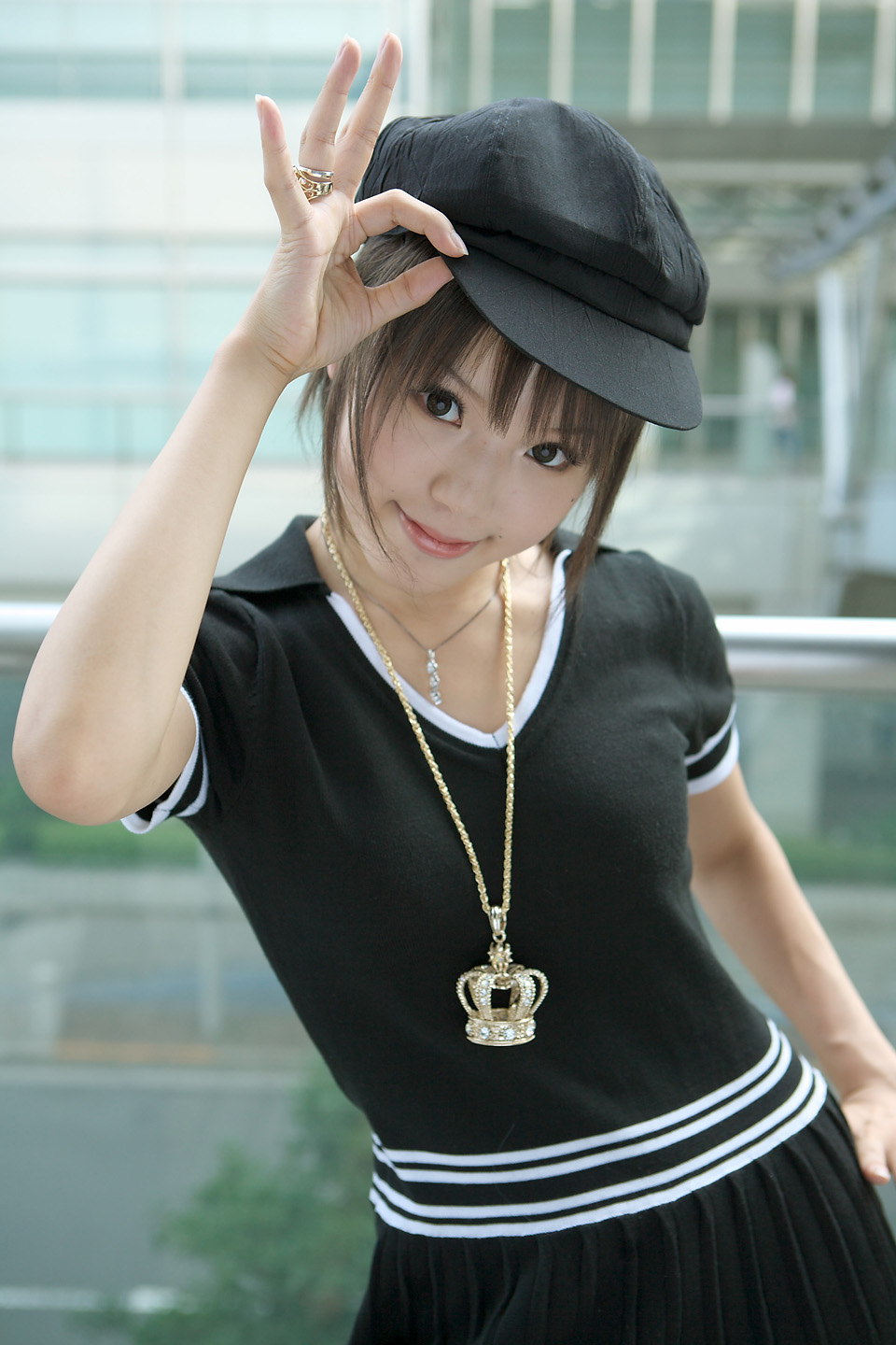 kipi-san, highres, photo (medium), 1girl, asian, brown eyes, brown hair, crown, female focus, hat, jewelry, necklace, outdoors, ring, short hair, skirt, smile, solo