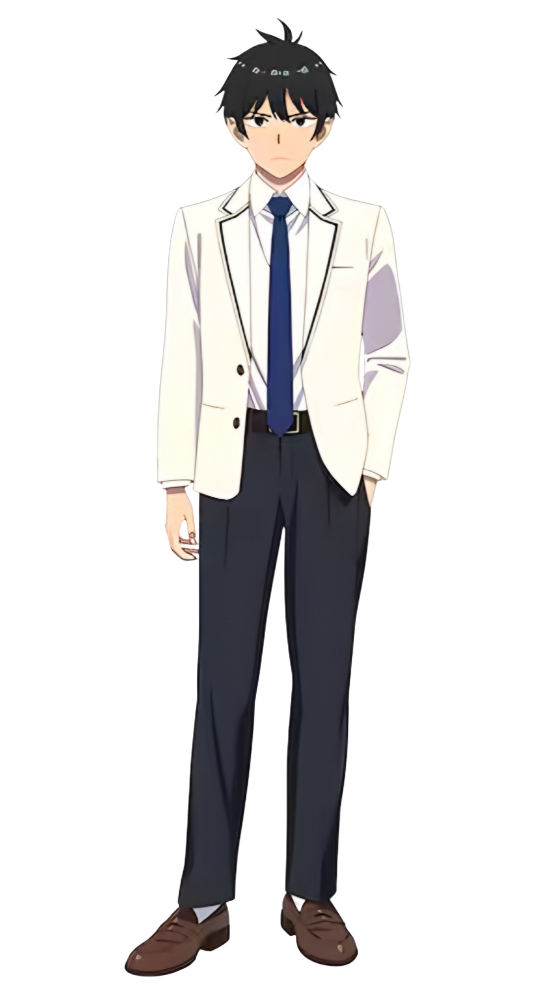 yamabuki arisu, mayonaka heart tune, official art, 1boy, ahoge, belt, black eyes, black hair, black pants, black shirt, blue necktie, closed mouth, hand in pocket, jacket, long hair, long sleeves, looking at viewer, necktie, pants, school uniform, serious, shirt, shoes, solo, transparent background, white jacket