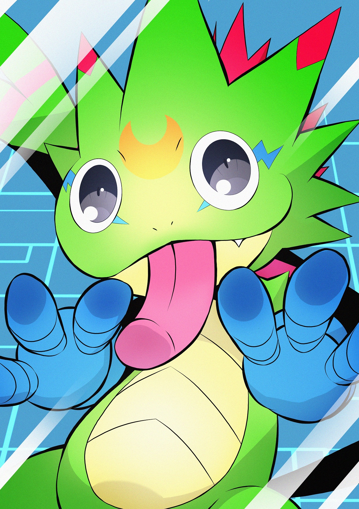 mitosupa (qsiqydfz7nesh9w), gekkomon, digimon, highres, blue gloves, digimon (creature), gloves, looking at viewer, no humans, solo, tongue, tongue out