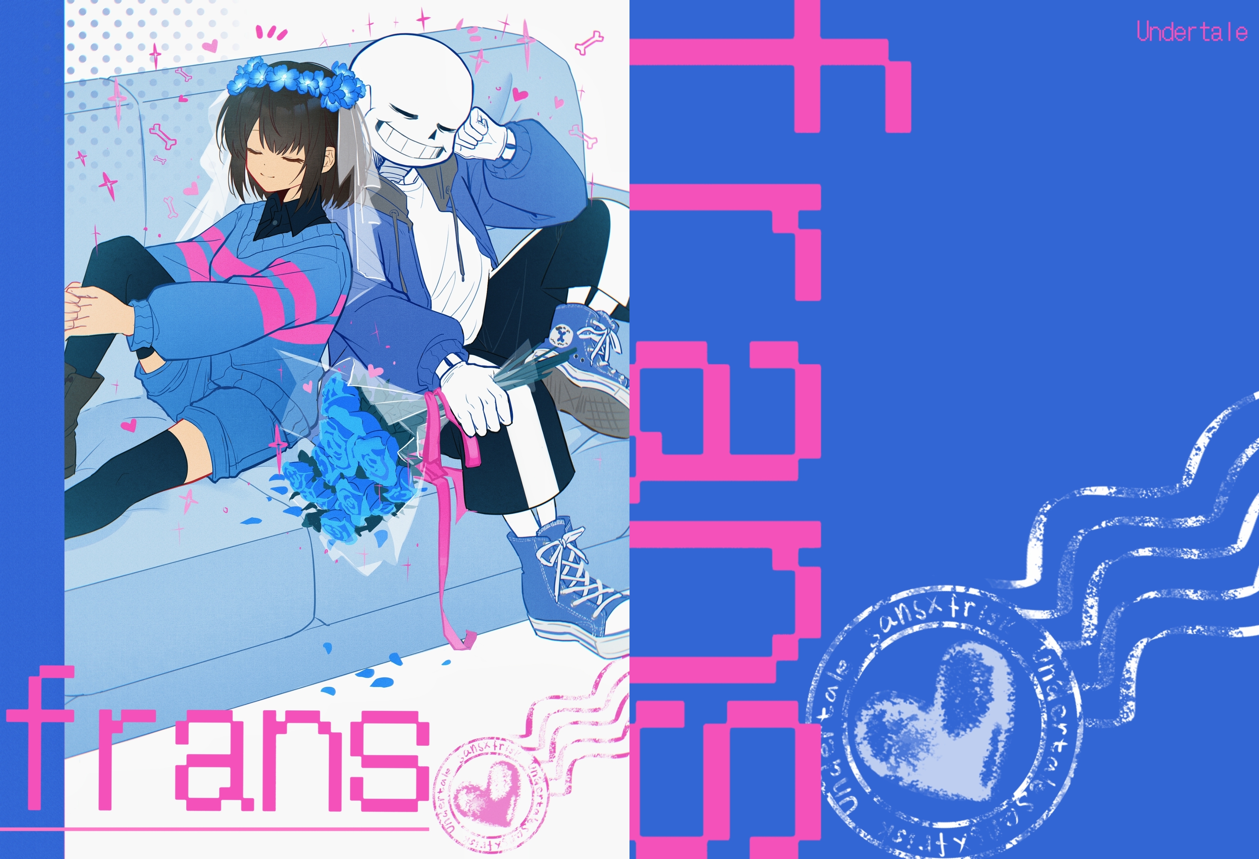 hanbaobaobaozhu, frisk (undertale), sans (undertale), undertale, utdr (toby fox), absurdres, chinese commentary, commentary request, highres, 1boy, 1girl, :d, ankle boots, back-to-back, black pants, black shirt, black thighhighs, blue flower, blue jacket, blue petals, blue rose, blue shoes, blue shorts, blue sweater, bone, boots, bouquet, breasts, brown boots, brown hair, closed eyes, closed mouth, collared shirt, copyright name, couch, denim, denim shorts, dot nose, drawstring, film grain, flower, flower wreath, foot out of frame, full body, genderswap, genderswap (otf), grey hood, grin, halftone, halftone background, hands on own leg, head wreath, heart, hetero, holding, holding bouquet, hood, hood down, hooded jacket, jacket, knee up, long sleeves, on couch, open clothes, open jacket, open mouth, pants, pink sweater, puffy long sleeves, puffy sleeves, rose, see-through clothes, see-through veil, ship name, shirt, shoelaces, shoes, short hair, shorts, simple background, single vertical stripe, sitting, small breasts, smile, sparkle, striped clothes, striped sweater, sweater, thighhighs, two-tone sweater, u u, v-neck, veil, white background, white shirt, white veil