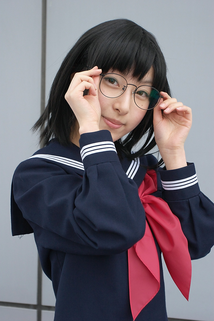 awatsuki anzu, toujou aya, ichigo 100%, photo (medium), 1girl, black-framed eyewear, black hair, black shirt, cosplay, female focus, glasses, hands up, head tilt, light smile, lips, long sleeves, looking at viewer, school uniform, serafuku, shirt, short hair, smile, solo, upper body