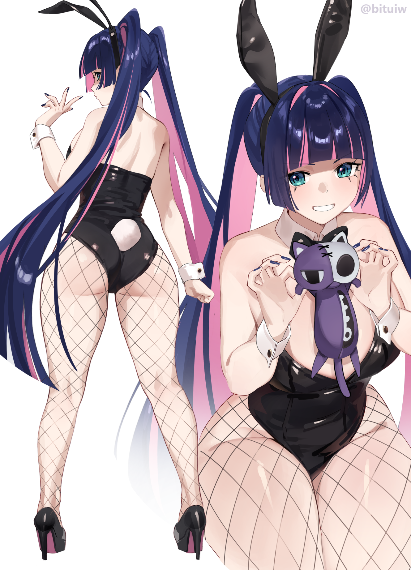iwbitu, honekoneko (psg), stocking (psg), panty & stocking with garterbelt, highres, 1girl, alternate costume, animal ear hairband, animal ears, ass, bare arms, bare shoulders, black hairband, black leotard, black nails, blue eyes, blue hair, blunt bangs, breasts, colored inner hair, fake animal ears, fishnet pantyhose, fishnets, grin, hairband, high heels, kneepits, large breasts, leotard, light blush, long hair, multicolored hair, multiple views, nail polish, pantyhose, pink hair, playboy bunny, rabbit ears, rabbit tail, shoulder blades, simple background, smile, strapless, strapless leotard, stuffed toy, tail, twitter username, two-tone hair, very long hair, white background, wrist cuffs