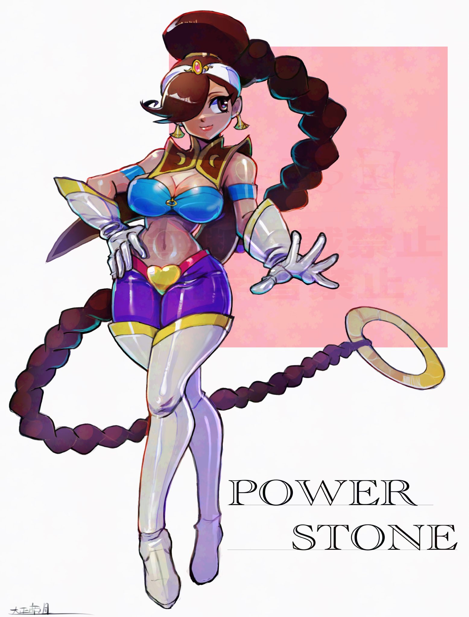 oomasa teikoku, rouge (power stone), power stone, highres, 1girl, bandeau, blue bandeau, boots, braid, breasts, brown eyes, brown hair, crossed legs, dark-skinned female, dark skin, earrings, gauntlets, gloves, hair over one eye, hair rings, jewelry, long hair, navel, single braid, single hair ring, solo, thigh boots, very long hair, white boots, white gloves