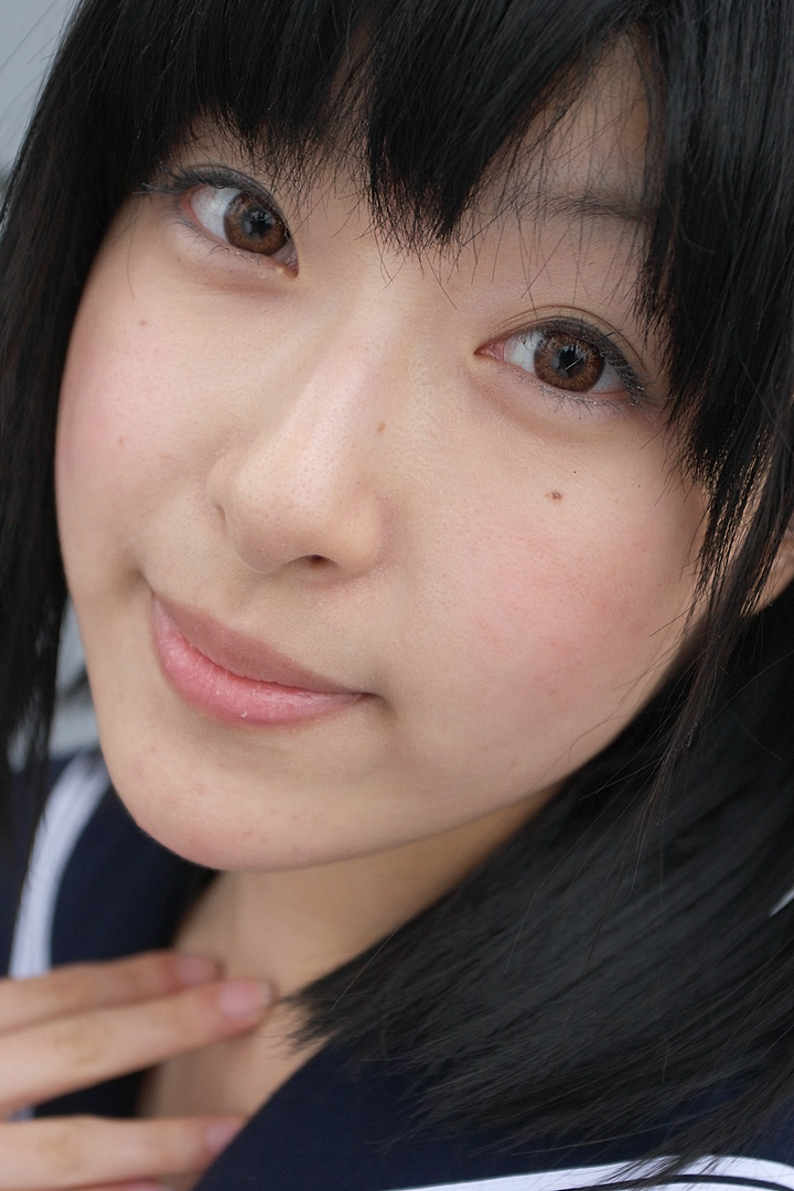 awatsuki anzu, toujou aya, ichigo 100%, photo (medium), 1girl, asian, black hair, brown eyes, close-up, cosplay, female focus, looking at viewer, school uniform, serafuku, solo