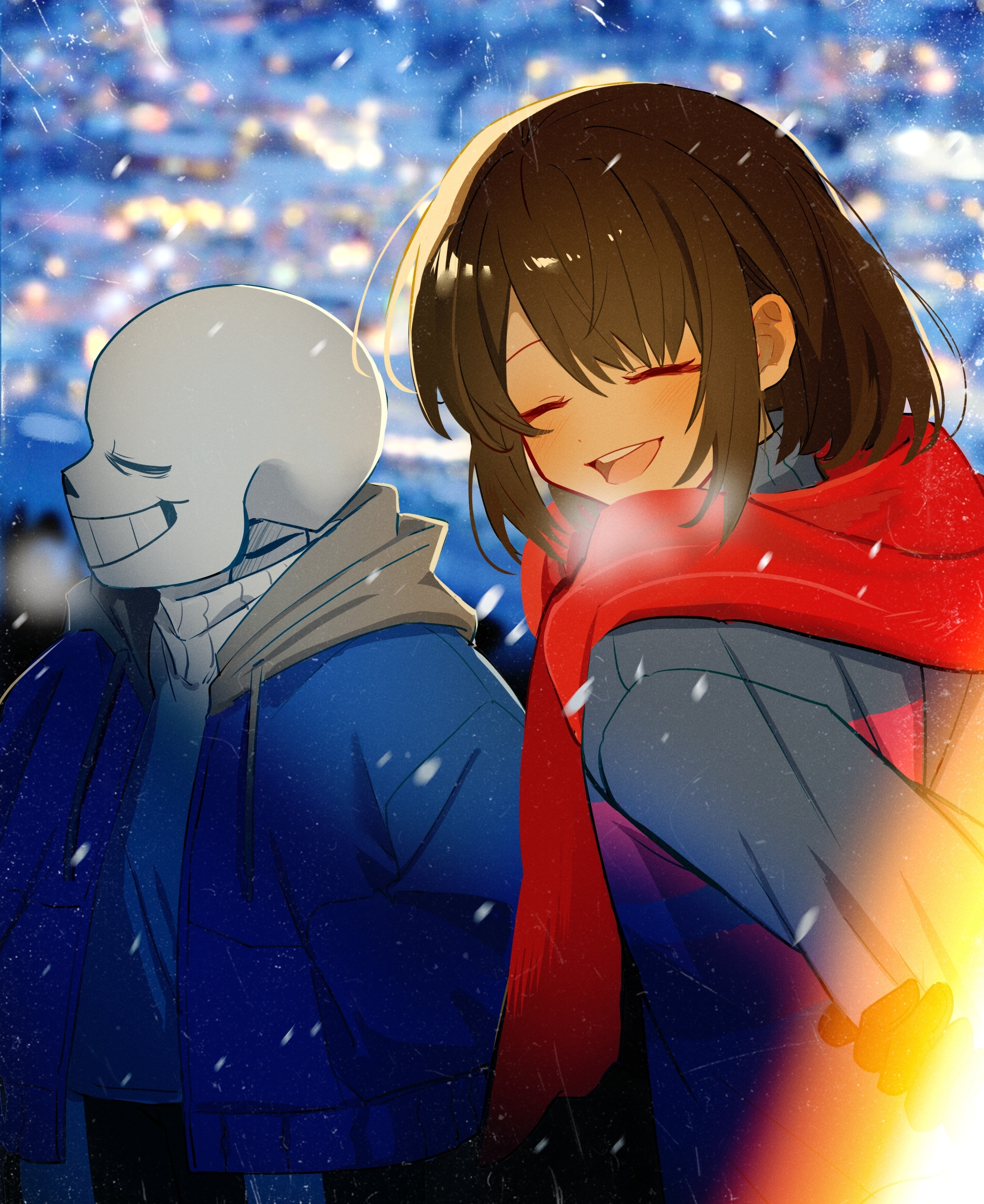 hanbaobaobaozhu, frisk (undertale), sans (undertale), undertale, utdr (toby fox), facing back, absurdres, chinese commentary, commentary request, highres, 1boy, 1other, :d, ^ ^, black pants, blue jacket, blue sweater, blurry, blurry background, bob cut, breath, brown hair, closed eyes, cowboy shot, drawstring, facing viewer, film grain, grey hood, grin, hands in pockets, hood, hood down, hooded jacket, jacket, long sleeves, open clothes, open jacket, open mouth, outdoors, pants, pink sweater, profile, puffy long sleeves, puffy sleeves, red scarf, scarf, short hair, sidelocks, simple background, single vertical stripe, skeleton, smile, snowing, standing, striped clothes, striped sweater, sweater, teeth, tongue, turtleneck, turtleneck sweater, two-tone sweater, u u, upper teeth only, white sweater