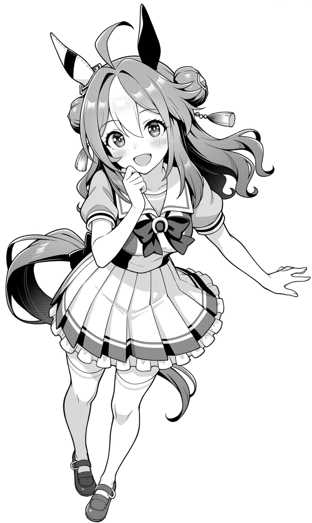 akagi koku, copano rickey (umamusume), umamusume, commentary, highres, 1girl, :d, ahoge, animal ears, back bow, blush, bow, bowtie, double bun, ear covers, fang, frilled skirt, frills, full body, greyscale, hair bun, hand up, horse ears, horse girl, horse tail, long hair, looking at viewer, monochrome, multicolored hair, open mouth, pleated skirt, sailor collar, school uniform, shirt, shoes, short sleeves, simple background, skirt, smile, solo, standing, summer uniform, tail, thighhighs, tracen school uniform, two-tone hair, white background, zettai ryouiki