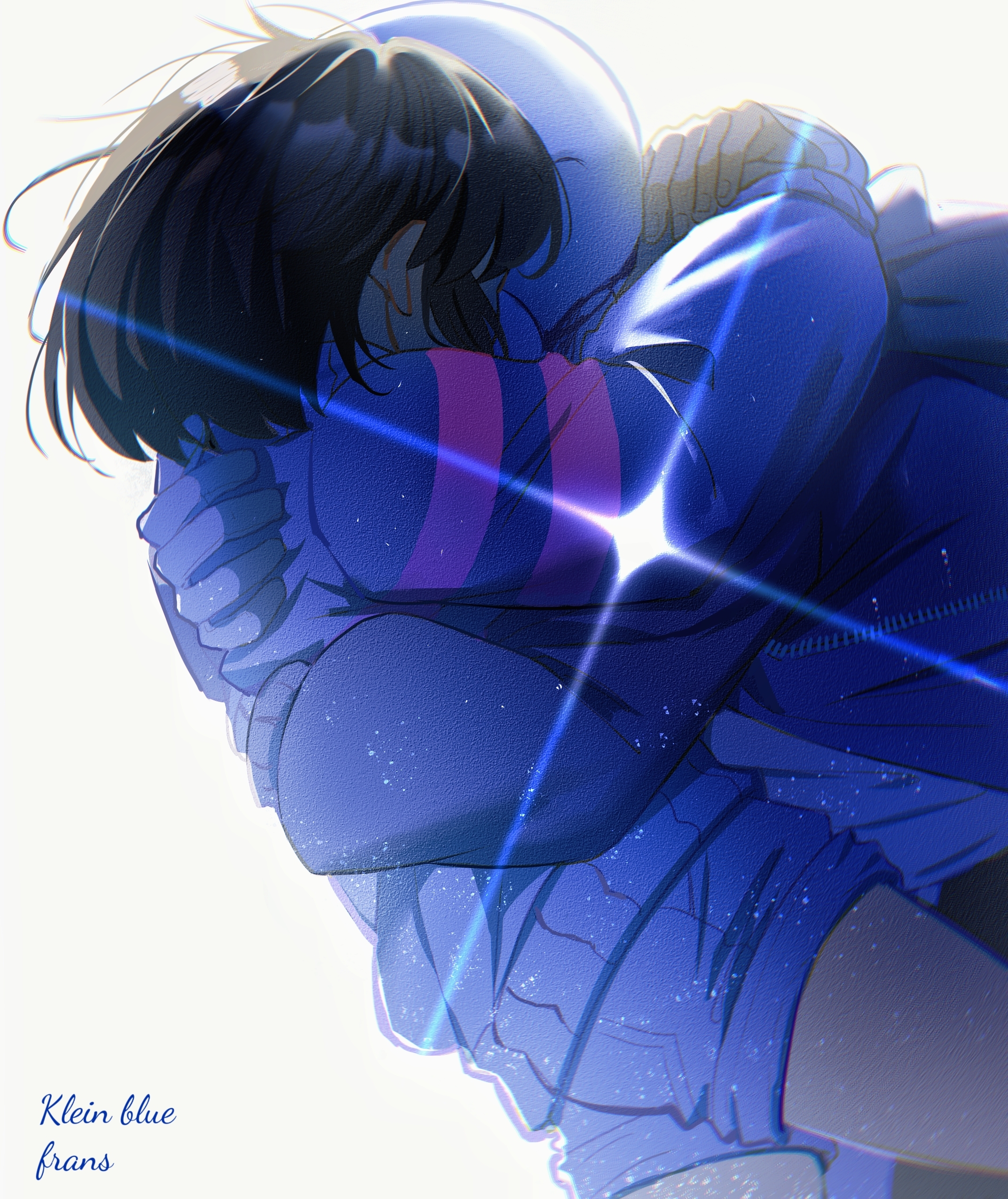 hanbaobaobaozhu, frisk (undertale), sans (undertale), undertale, utdr (toby fox), absurdres, chinese commentary, commentary request, highres, 1boy, 1other, backlighting, blue jacket, blue shorts, blue sweater, bob cut, brown hair, chromatic aberration, cowboy shot, denim, denim shorts, film grain, fingernails, from behind, grey hood, hands on another's back, hood, hood down, hooded jacket, hug, jacket, light particles, long sleeves, pink sweater, puffy long sleeves, puffy sleeves, short hair, shorts, simple background, sparkle, striped clothes, striped sweater, sweater, turtleneck, turtleneck sweater, two-tone sweater, white background