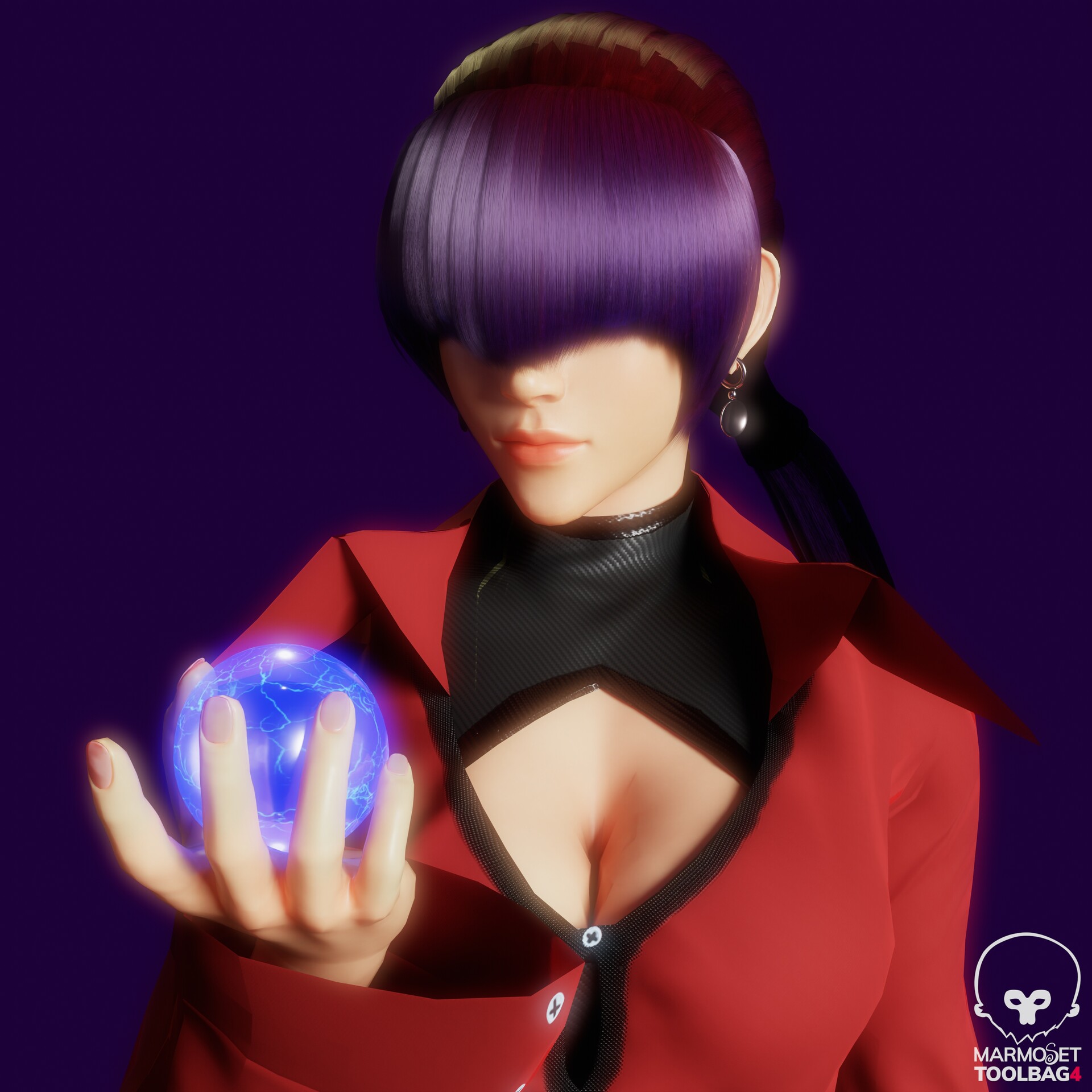 orochi shermie, shermie (kof), the king of fighters, 1girl, breasts, cleavage, cleavage cutout, clothing cutout, dress, earrings, electricity, h m z, hand up, huge breasts, jacket, jewelry, large breasts, long hair, long sleeves, pale skin, ponytail, purple hair, thunder