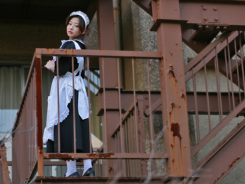 character request, photo (medium), source request, apron, cosplay, maid, maid apron, misaki ema, rust, stairs