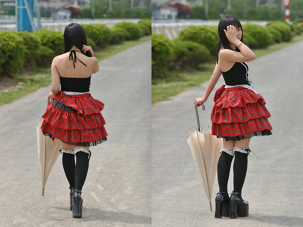 photo (medium), aru hi, floofy skirt, kneehighs, lace, socks, strapless, tube top, umbrella