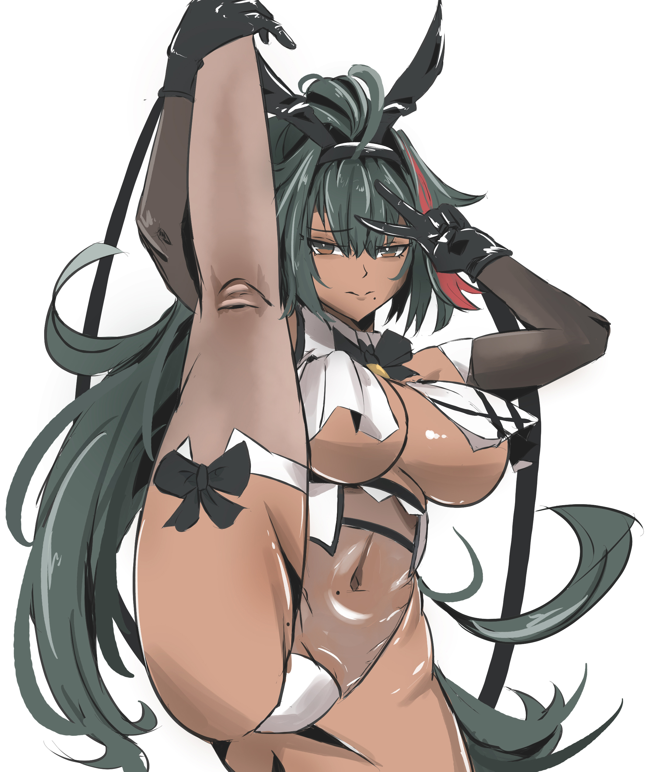 aurostella, bay (nikke), goddess of victory: nikke, absurdres, highres, 1girl, breast curtains, gloves, hair between eyes, holding own leg, leg up, leotard, long hair, looking at viewer, mole, mole under mouth, multicolored hair, navel, playboy bunny, ponytail, see-through clothes, streaked hair, thighhighs, white background