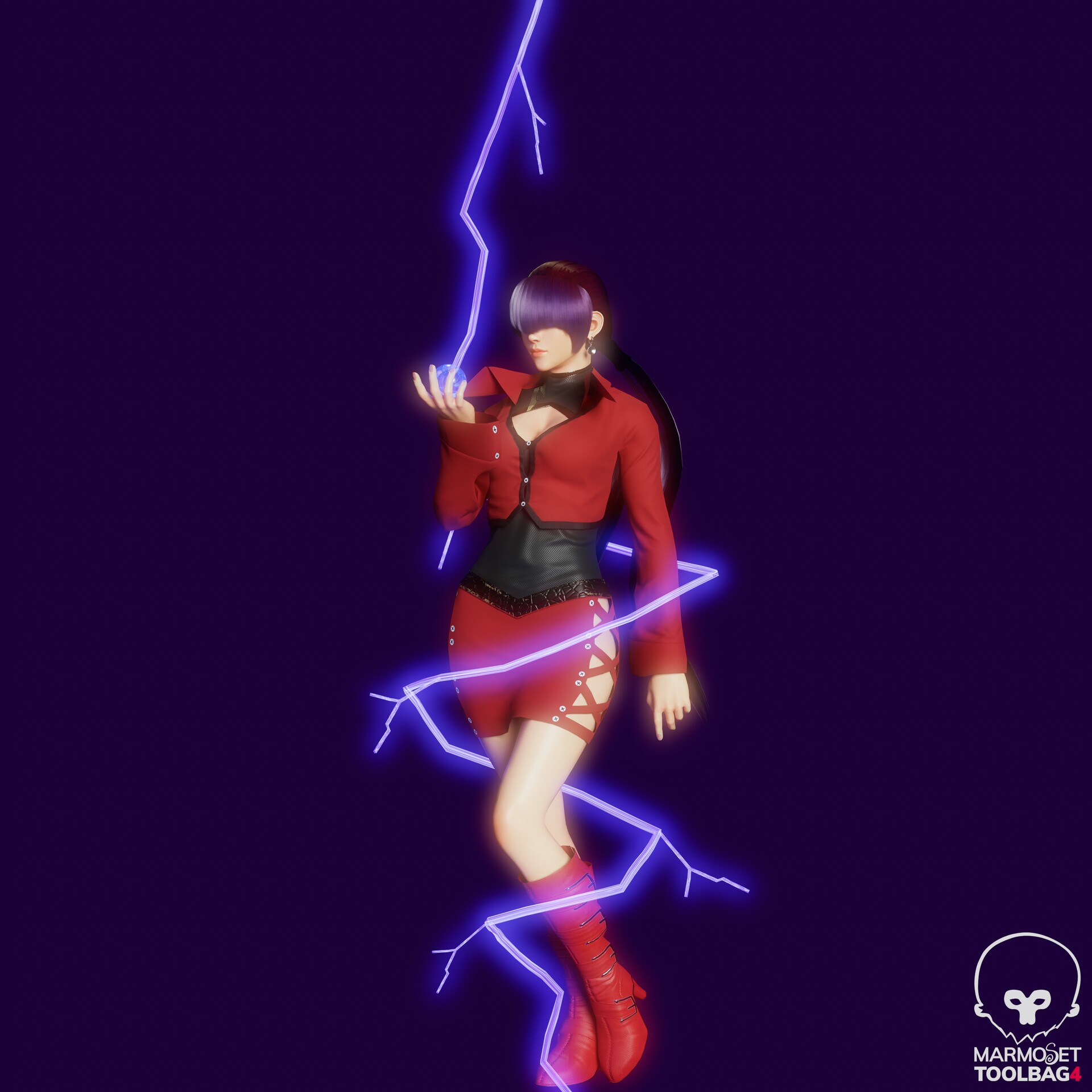 orochi shermie, shermie (kof), the king of fighters, 1girl, boots, breasts, cleavage cutout, clothing cutout, dress, earrings, electricity, hand up, heel up, high heels, jacket, jewelry, large breasts, long hair, long sleeves, pale skin, ponytail, purple hair, skirt, thunder