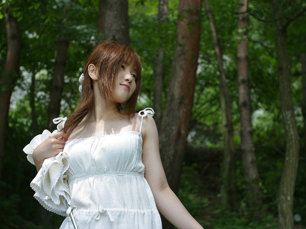 kirishiro tsukimi, photo (medium), dress, forest, nature, shoulder ties, sundress