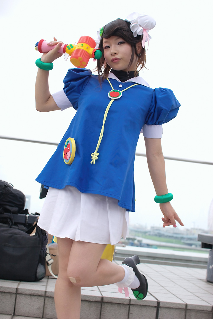 mii (popotan), popotan, photo (medium), 1girl, bandaid, cosplay, female focus, hair ribbon, hammer, ribbon, solo, tasuki