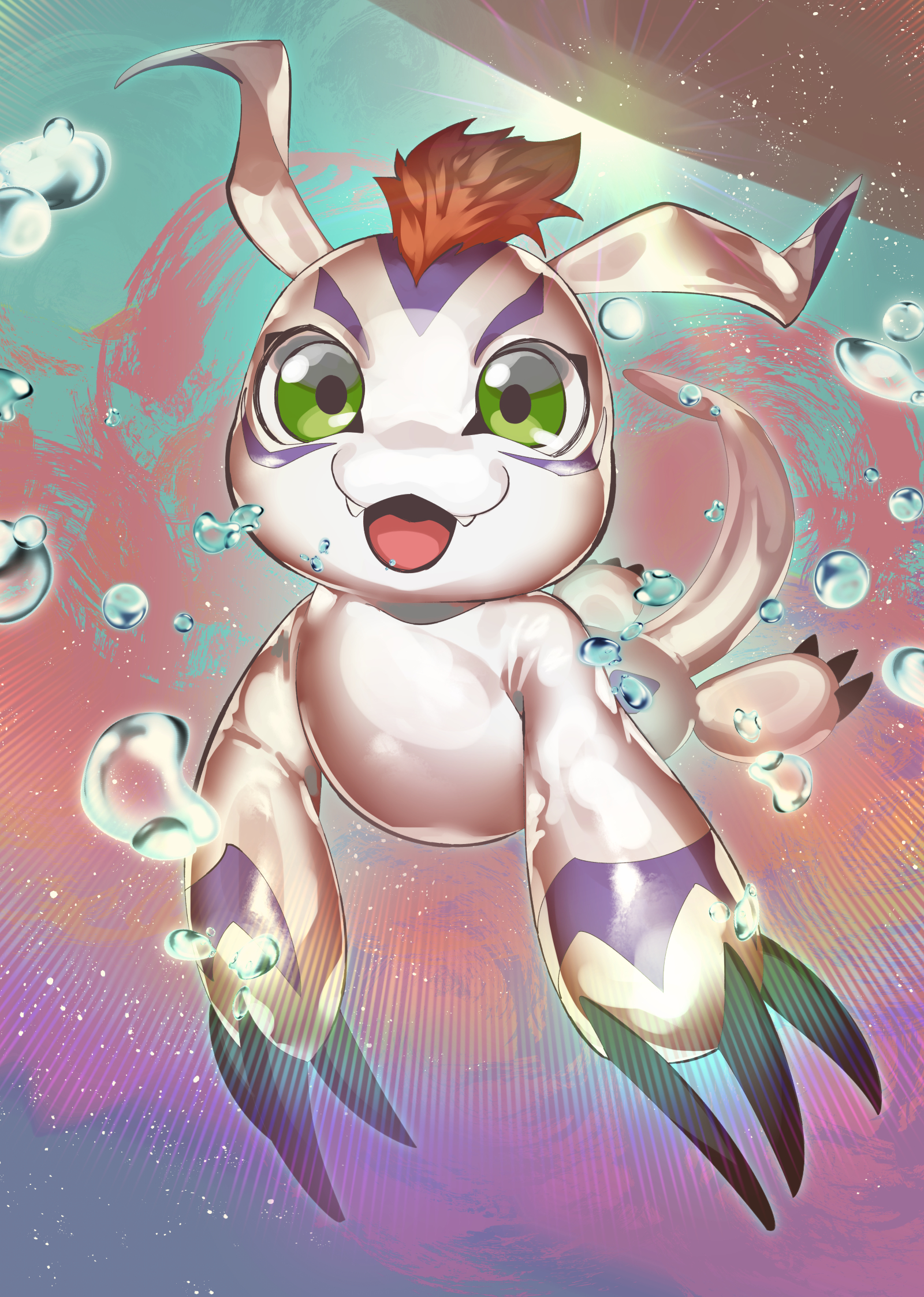 skink (skink hisshiss), gomamon, digimon, highres, air bubble, bubble, claws, digimon (creature), green eyes, looking at viewer, no humans, open mouth, orange hair, solo, white fur