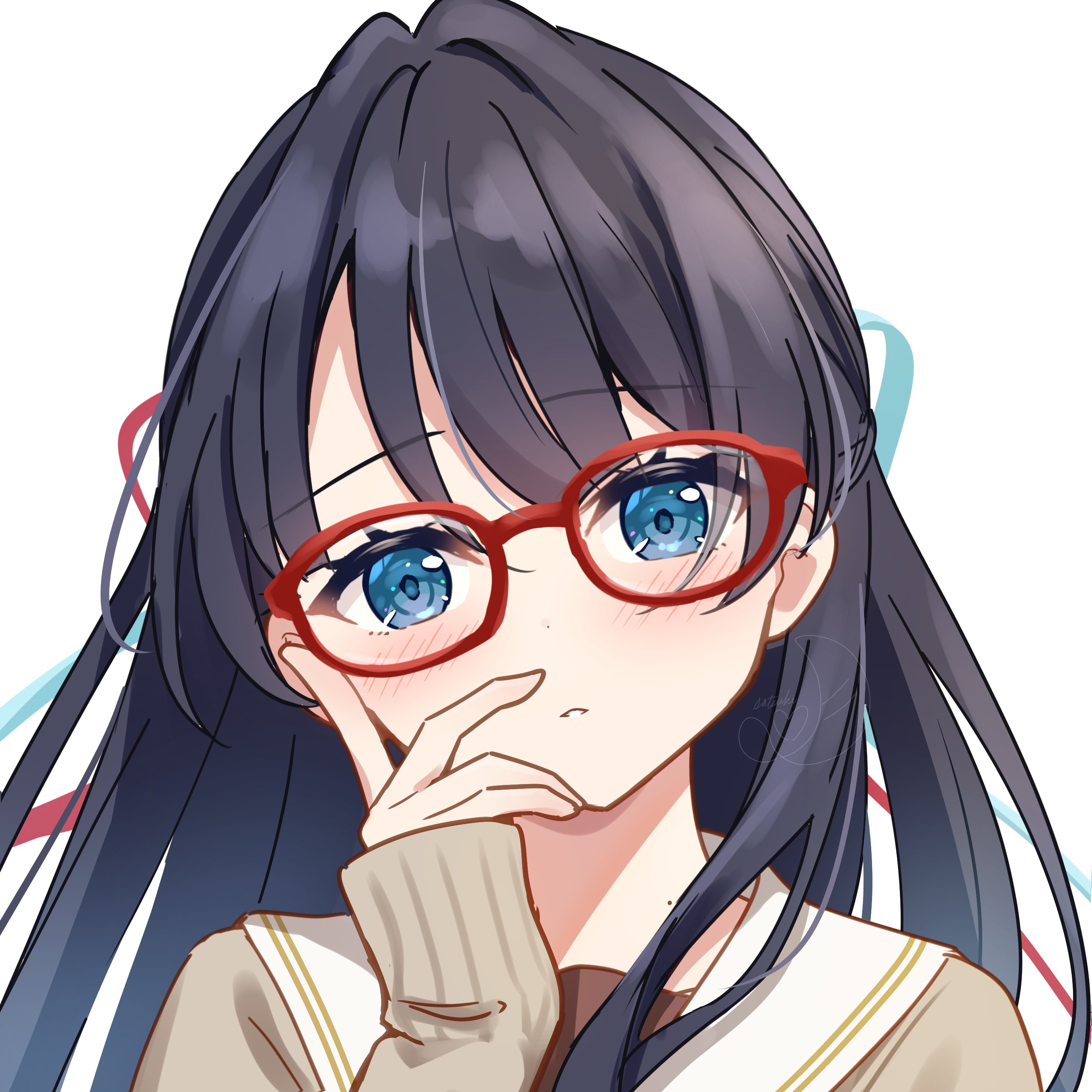 hanazora satsuki, murano sayaka, link! like! love live!, love live!, absurdres, commentary, highres, 1girl, black hair, blue eyes, blue ribbon, blush, brown cardigan, brown dress, cardigan, dress, glasses, hair ribbon, half updo, hand on own cheek, hand on own face, hasu no sora school uniform, long hair, long sleeves, looking at viewer, parted lips, red-framed eyewear, red ribbon, ribbon, sailor collar, sailor dress, school uniform, signature, simple background, single hair intake, sleeves past wrists, solo, virtual youtuber, white background, white sailor collar, winter uniform