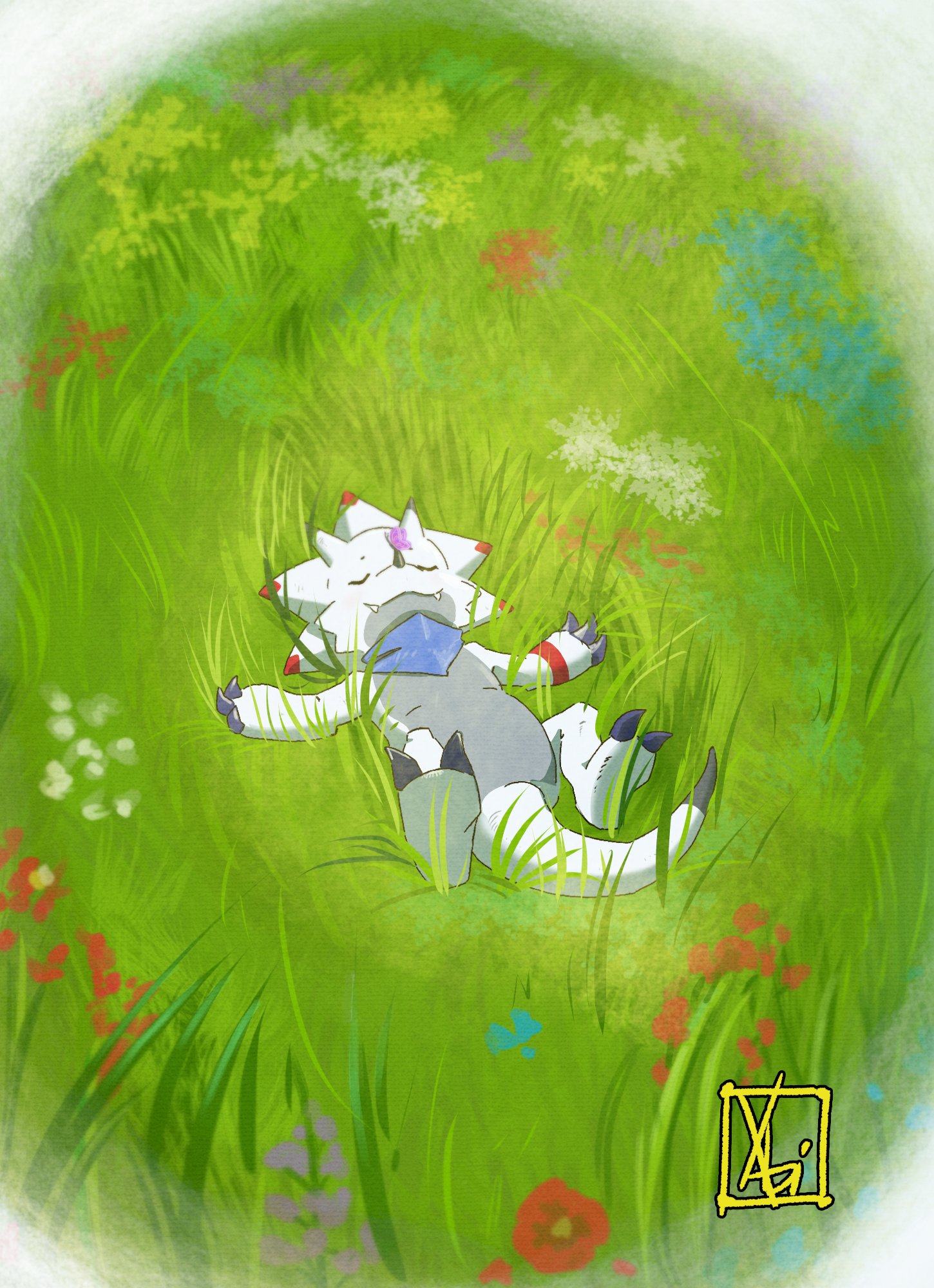 xabimaruru, gammamon, digimon, highres, day, digimon (creature), grass, lying, no humans, on back, outdoors, signature, solo