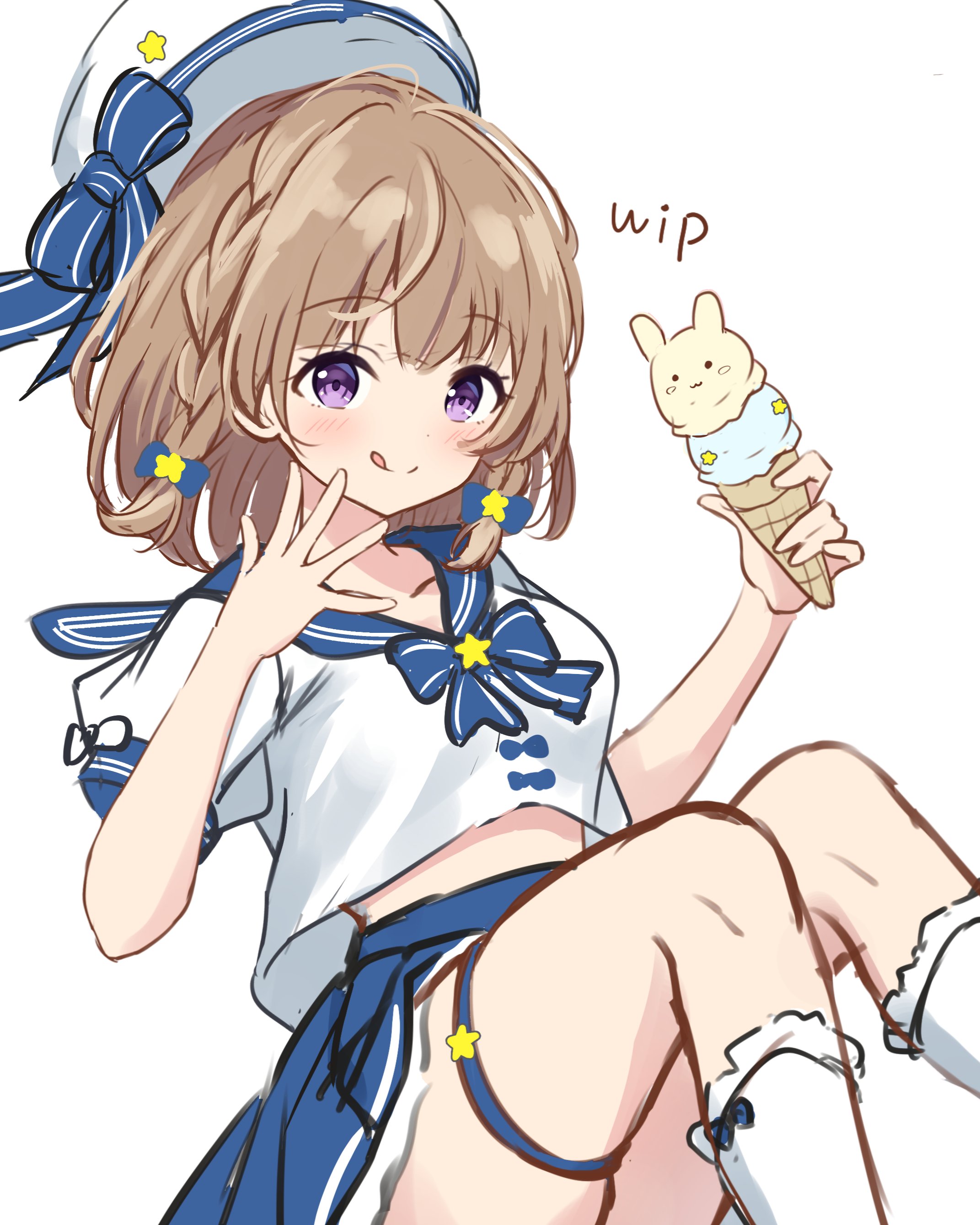 hanazora satsuki, koharu (hanazora satsuki), original, absurdres, highres, unfinished, 1girl, :q, beret, blue bow, blue bowtie, blue sailor collar, blush, bow, bowtie, braid, breasts, brown hair, closed mouth, collarbone, floating hat, food, frilled socks, frills, hair ornament, hat, holding, holding food, holding ice cream, holding ice cream cone, ice cream, ice cream cone, looking at viewer, medium breasts, medium hair, midriff, miniskirt, multiple scoops, pleated skirt, purple eyes, sailor collar, school uniform, serafuku, shirt, side braids, simple background, skirt, smile, socks, solo, split mouth, star (symbol), star hair ornament, thigh strap, tongue, tongue out, white background, white hat, white shirt, white socks