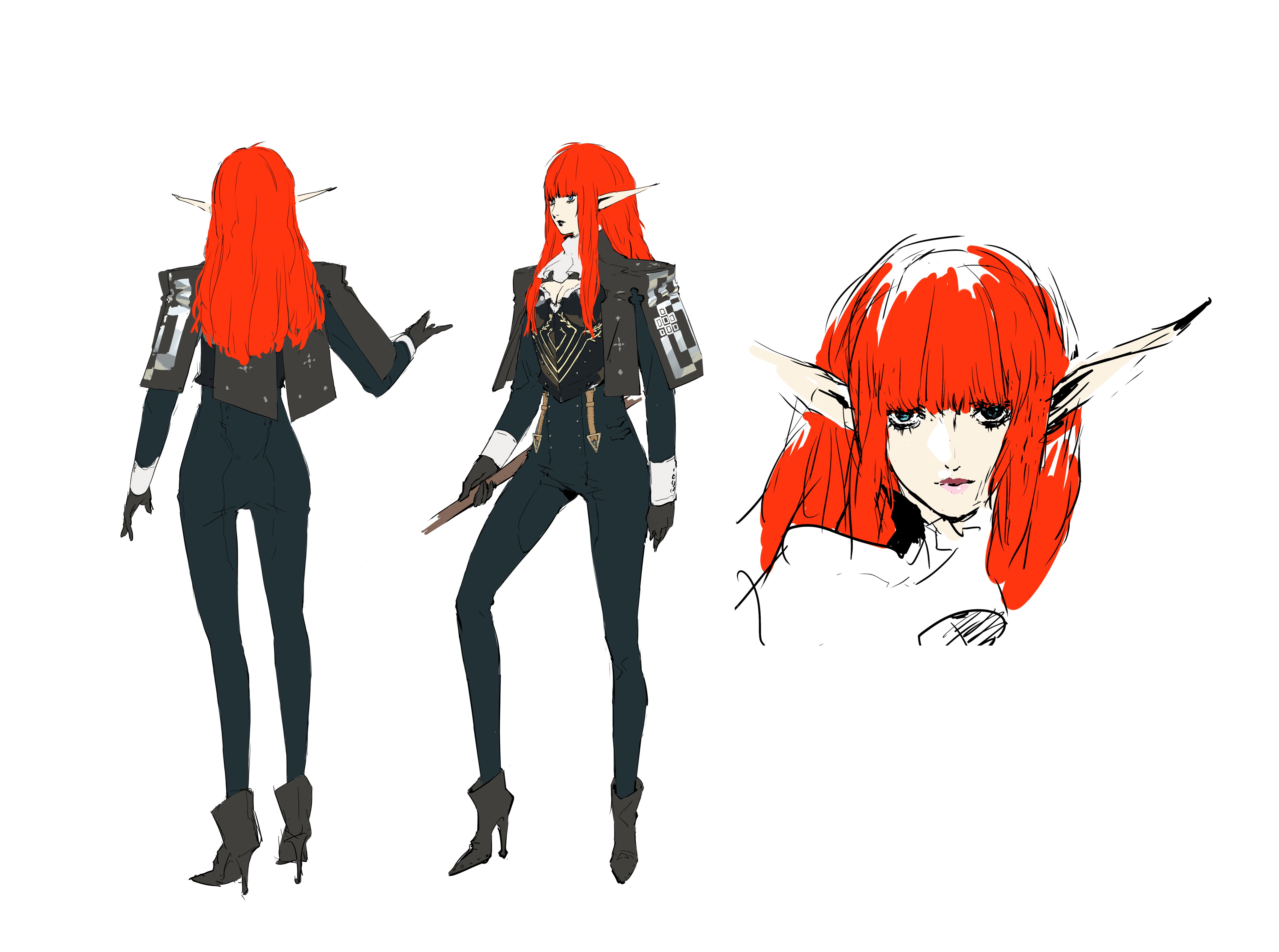soejima shigenori, hulkenberg (metaphor: refantazio), metaphor: refantazio, absurdres, highres, official art, 1girl, armor, ascot, black gloves, black pants, blue eyes, blunt bangs, breastplate, breasts, buttons, cleavage, elf, frills, gloves, high heels, hime cut, lips, long hair, long pointy ears, medium breasts, pants, pointy ears, red hair, shirt, sidelocks, solo, suspenders, white ascot, white background