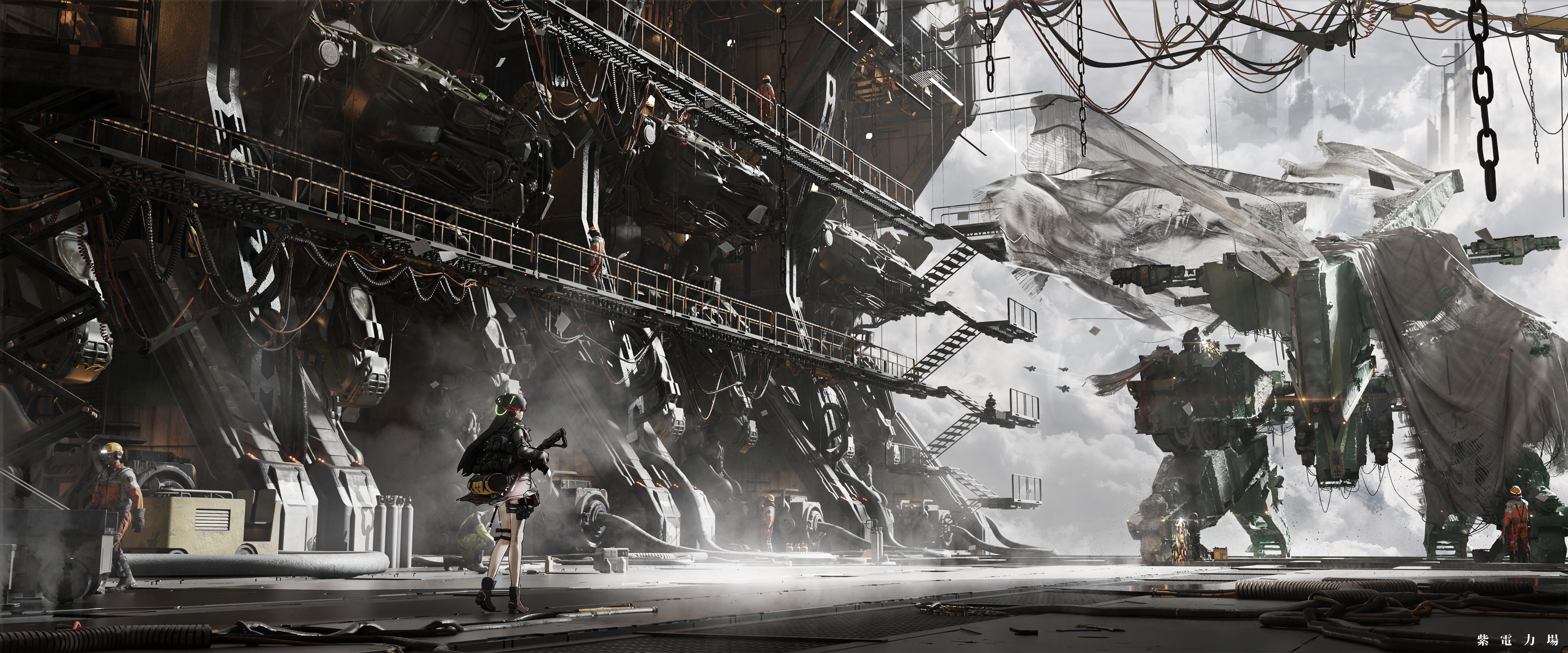 lucia (pgr), punishing: gray raven, absurdres, commentary, english commentary, engrish commentary, highres, 1girl, bare legs, black coat, black hair, catwalk (walkway), chain, coat, day, gun, holding, holding gun, holding weapon, long hair, looking back, machinery, people, rifle, scenery, science fiction, sparks, standing, straight hair, very wide shot, weapon, welding, zi dianli chang