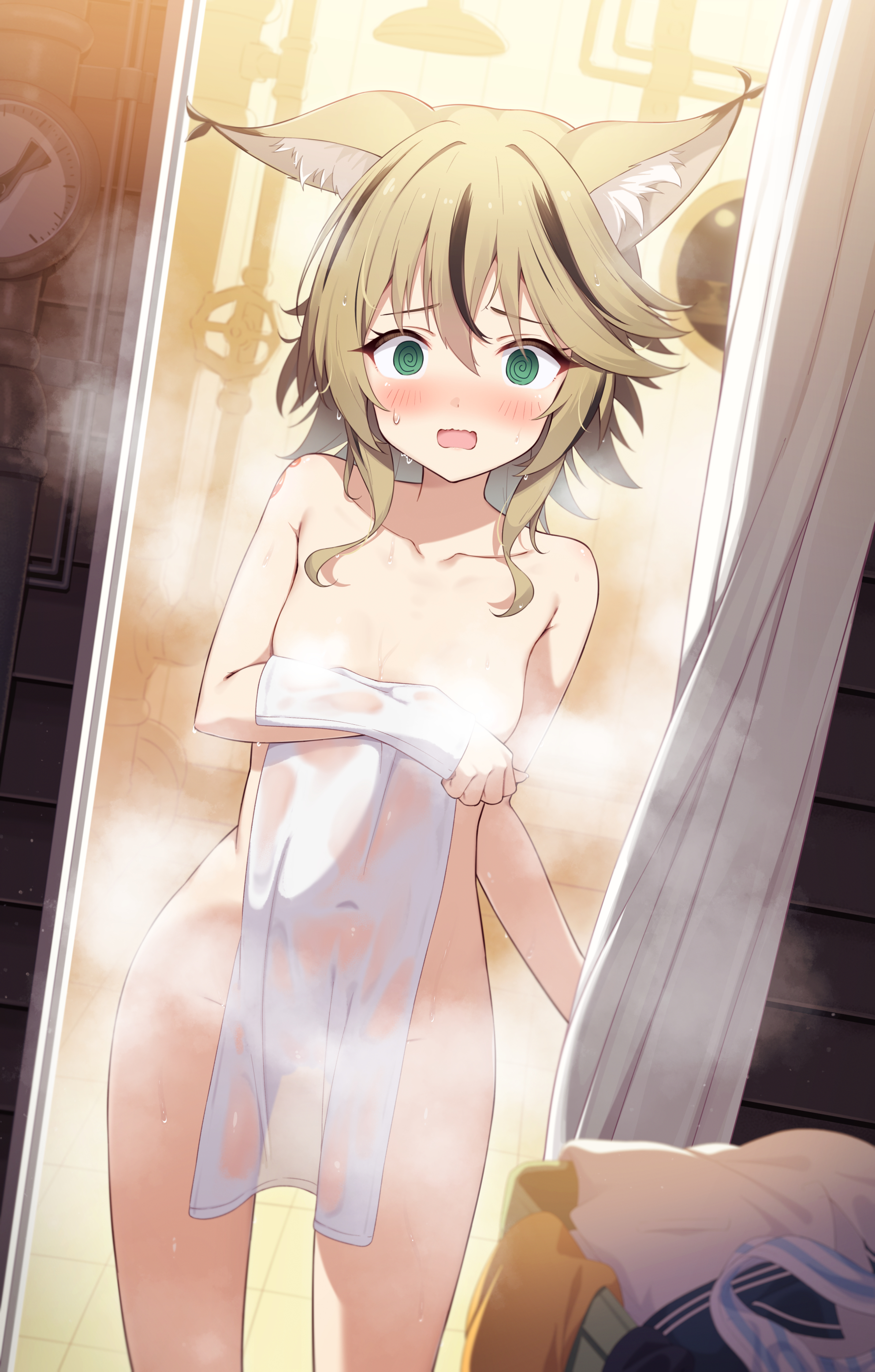 miso (misomiso 154), original, absurdres, highres, 1girl, @ @, animal ears, black hair, blush, breasts, brown hair, covering privates, green eyes, medium hair, multicolored hair, nude, nude cover, open mouth, small breasts, solo, steam, streaked hair, towel, two-tone hair