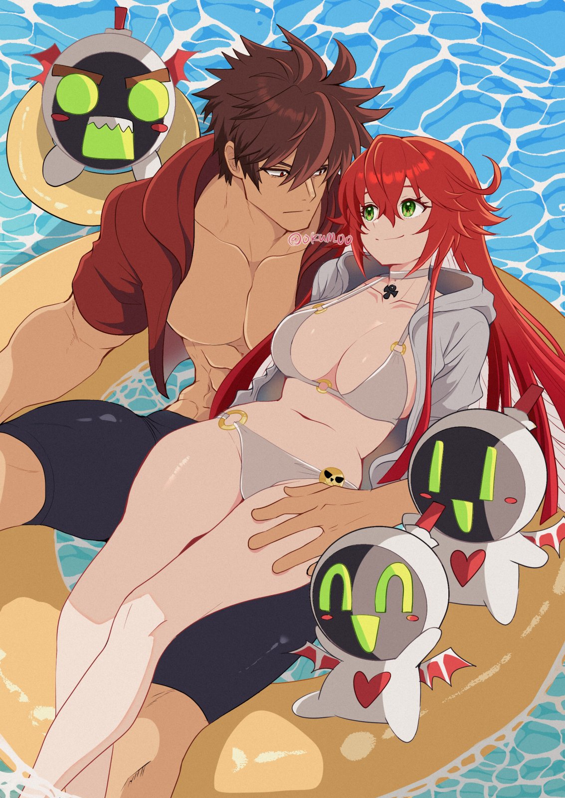 ume (okum 00), jack-o' valentine, sol badguy, guilty gear, guilty gear strive, highres, bikini, black swim trunks, breasts, brown eyes, brown hair, collarbone, couple, green eyes, hetero, jacket, large breasts, long hair, multicolored hair, muscular, muscular male, open clothes, open jacket, red hair, red jacket, short hair, swim ring, swimsuit, two-tone hair, white bikini, white hair, white jacket