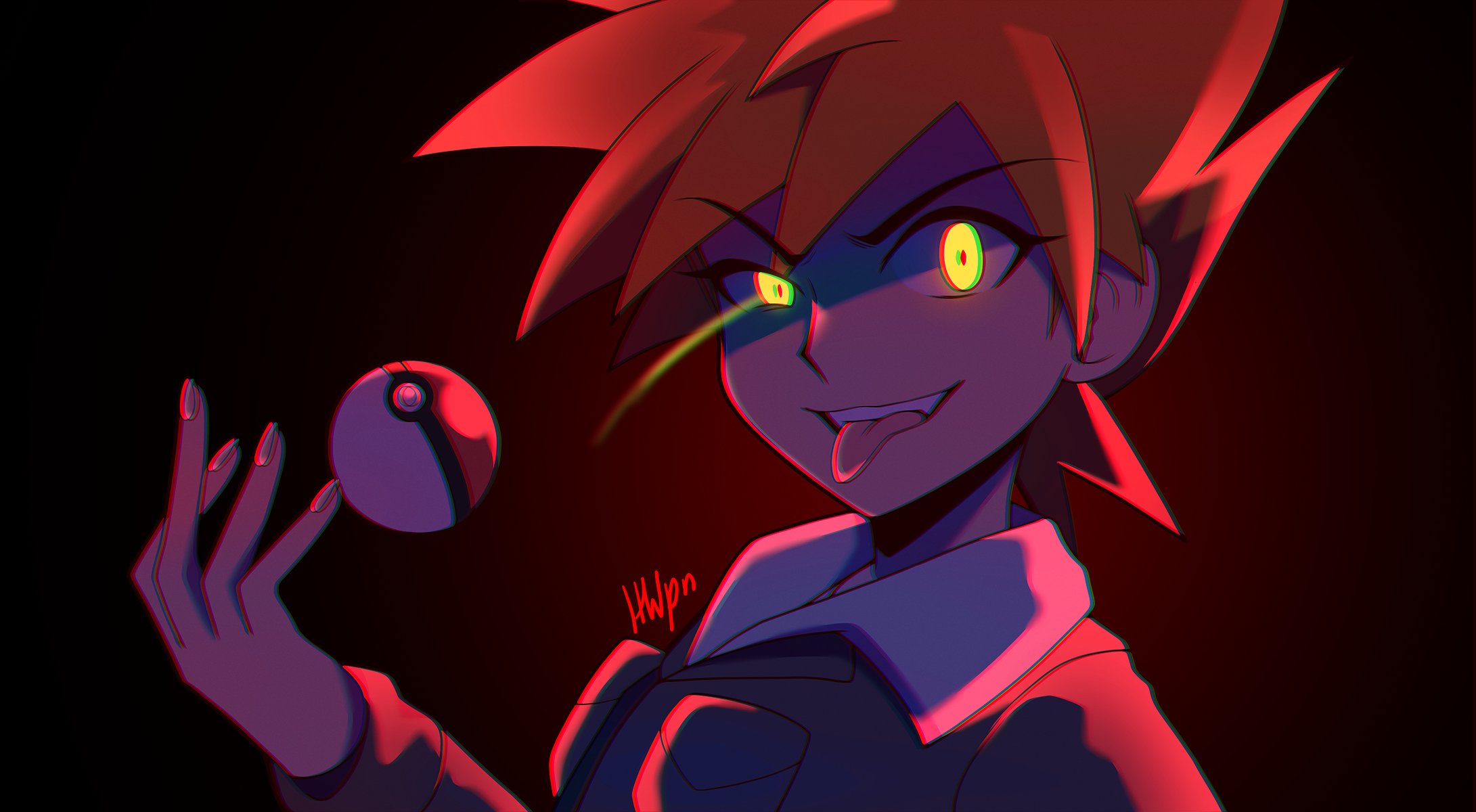 inglebard, blue oak, nintendo, pokemon, pokemon hgss, highres, 1boy, black background, brown hair, eye trail, glowing, glowing eyes, light trail, male focus, red background, short hair, simple background, solo, spiked hair, tongue, tongue out, upper body, yellow eyes