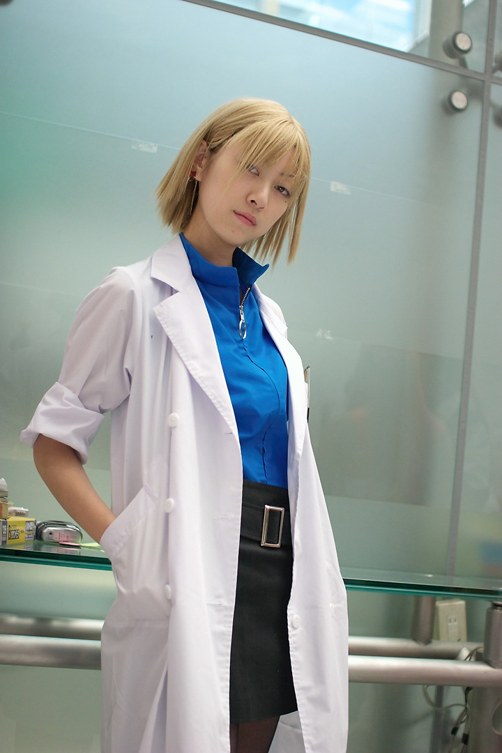 akagi ritsuko, manami, neon genesis evangelion, photo (medium), 1girl, asian, belt, blonde hair, cosplay, earrings, female focus, jewelry, lab coat, short hair, skirt, solo
