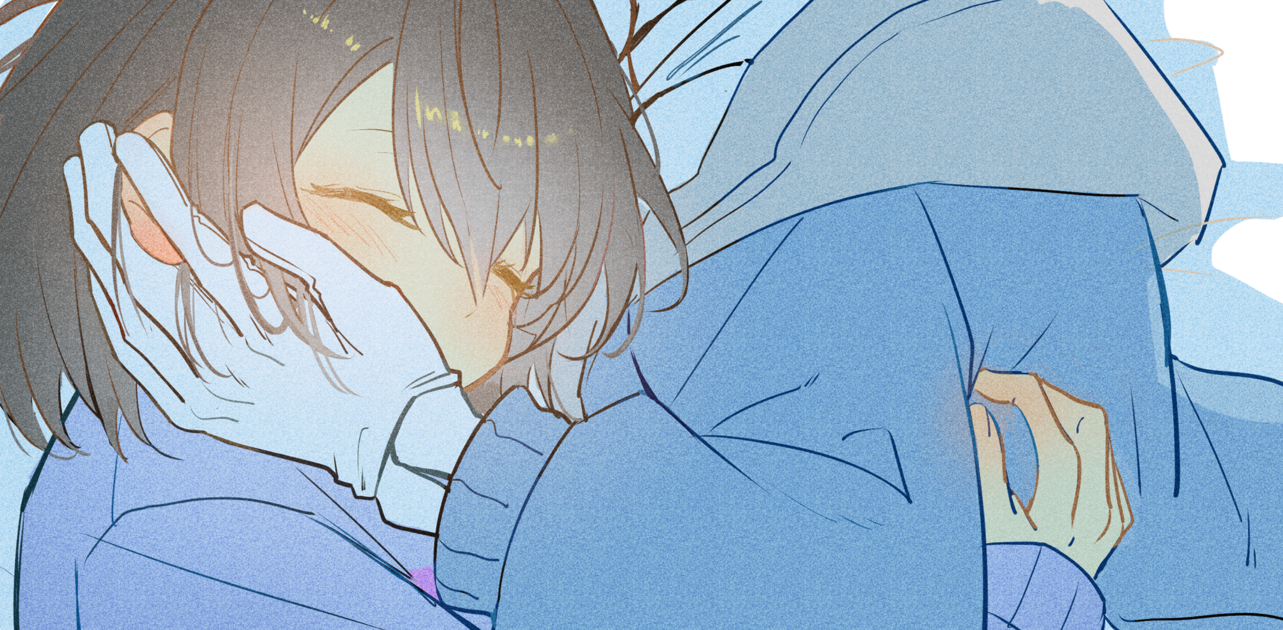 hanbaobaobaozhu, frisk (undertale), sans (undertale), undertale, utdr (toby fox), highres, 1boy, 1other, ^ ^, blue background, blue jacket, blue shirt, blush, brown hair, closed eyes, covered mouth, ear blush, film grain, fingernails, gloves, grey hood, hair between eyes, hand in another's hair, hand on another's cheek, hand on another's face, head out of frame, hood, hood down, hooded jacket, hug, jacket, long sleeves, open clothes, open jacket, portrait, puffy long sleeves, puffy sleeves, shirt, short hair, simple background, swept bangs, two-tone background, white background, white gloves, white shirt