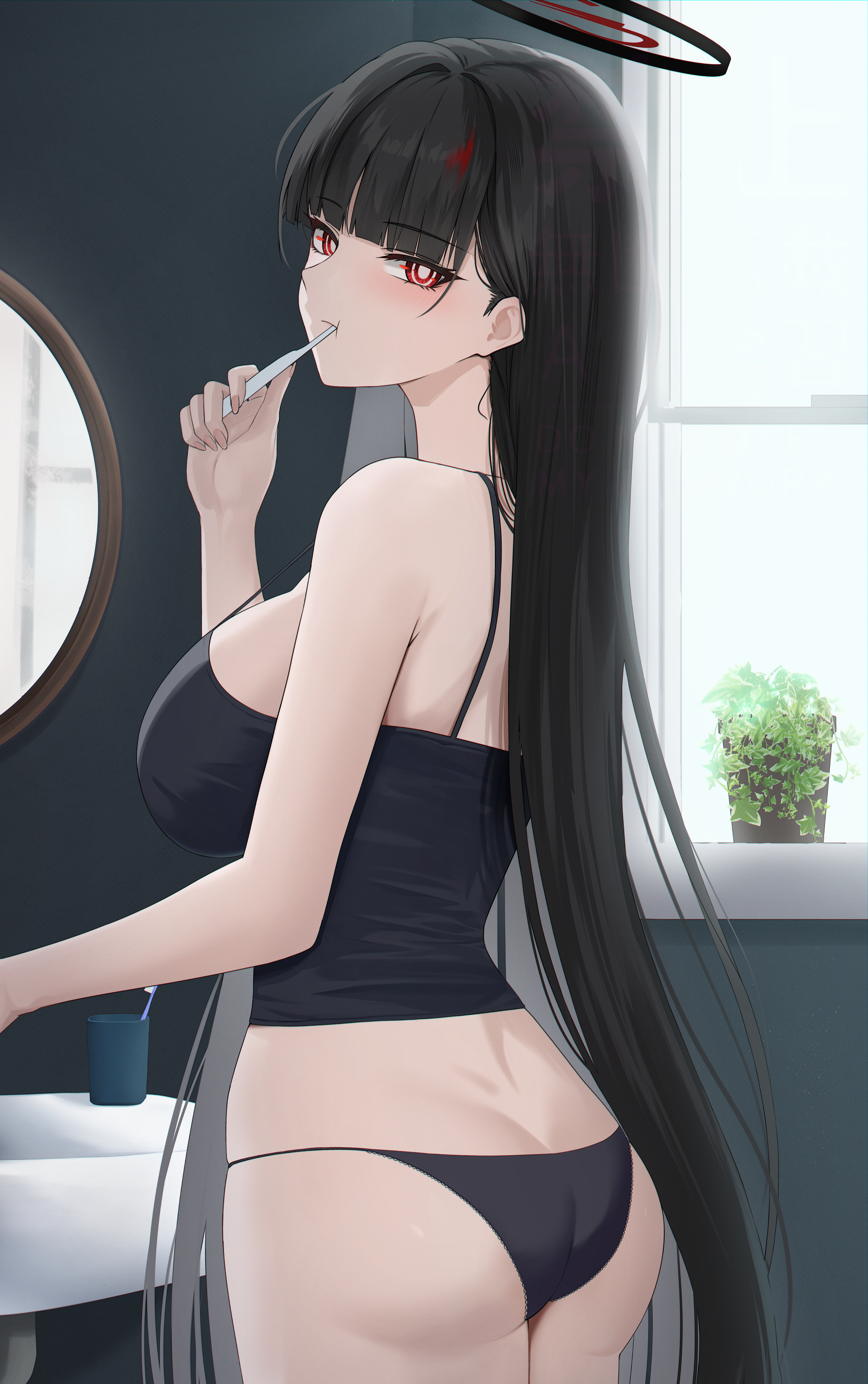yamikyon, rio (blue archive), blue archive, absurdres, commentary, commentary request, highres, 1girl, ass, black hair, black panties, black shirt, blush, breasts, bright pupils, brushing teeth, closed mouth, from behind, halo, indoors, large breasts, long hair, looking at viewer, looking back, panties, red eyes, shirt, solo, toothbrush, underwear, very long hair, white pupils