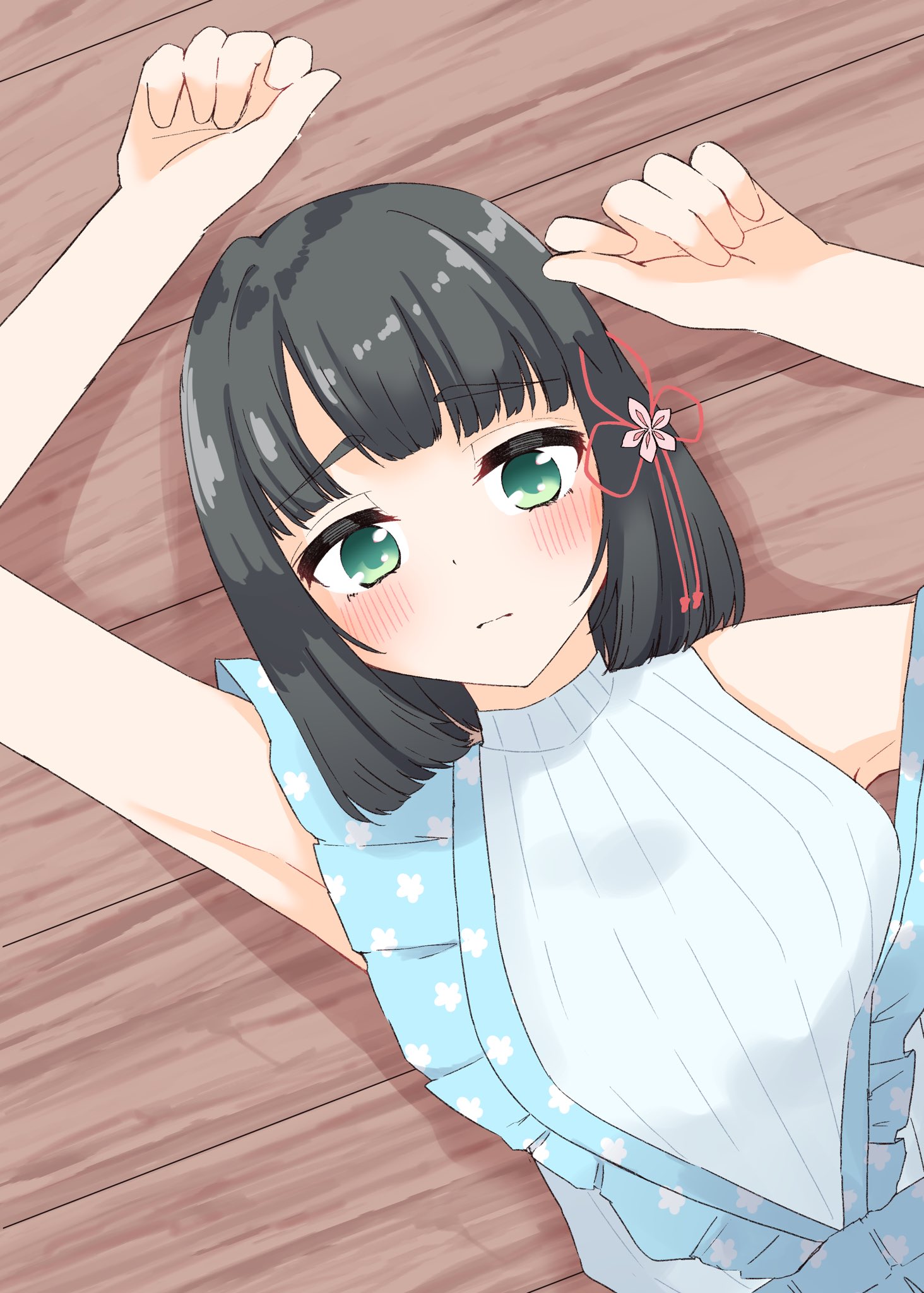 tama hasudan, momose ginko, link! like! love live!, love live!, highres, 1girl, arms up, bare shoulders, black hair, blue skirt, blunt bangs, blunt ends, blush, bob cut, breasts, closed mouth, flower, flower knot, frilled suspenders, green eyes, hair flower, hair ornament, light frown, looking at viewer, lying, medium breasts, official alternate costume, on back, on floor, pink flower, ribbed shirt, shirt, short hair, skirt, sleeveless, sleeveless shirt, solo, suspender skirt, suspenders, upper body, virtual youtuber