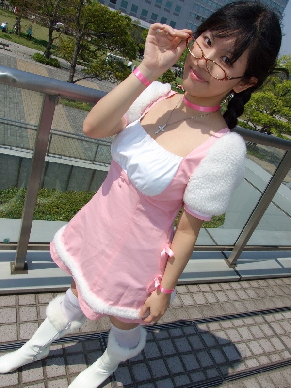 akizuki ritsuko, idolmaster, idolmaster (classic), photo (medium), boots, braid, cosplay, glasses, tachibana yuna, thighhighs, twin braids