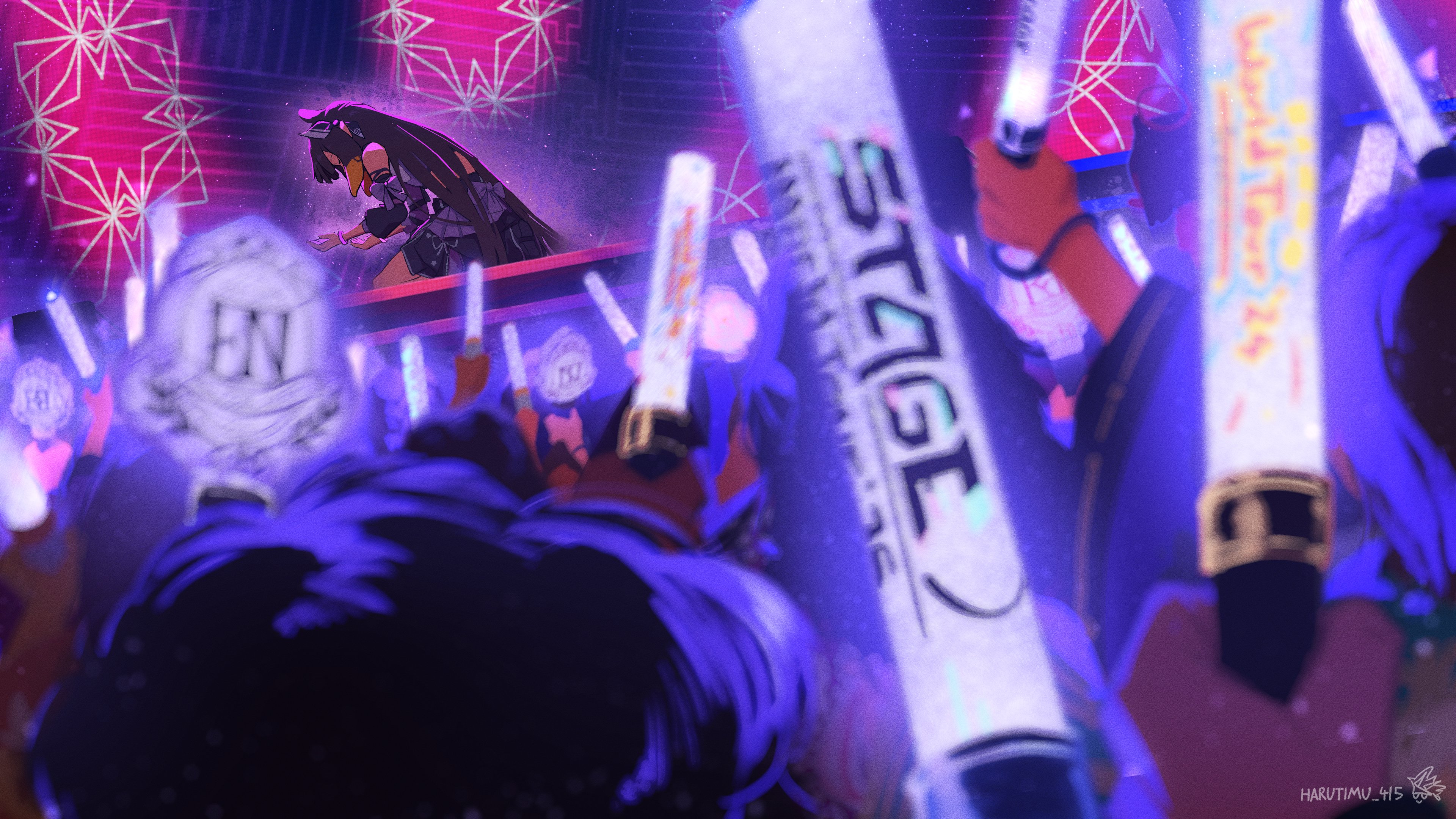 harutimu, ninomae ina'nis, hololive, hololive english, absurdres, highres, 1girl, blurry, blurry foreground, glowstick, idol, kneeling, long hair, purple hair, solo focus, stage, virtual youtuber
